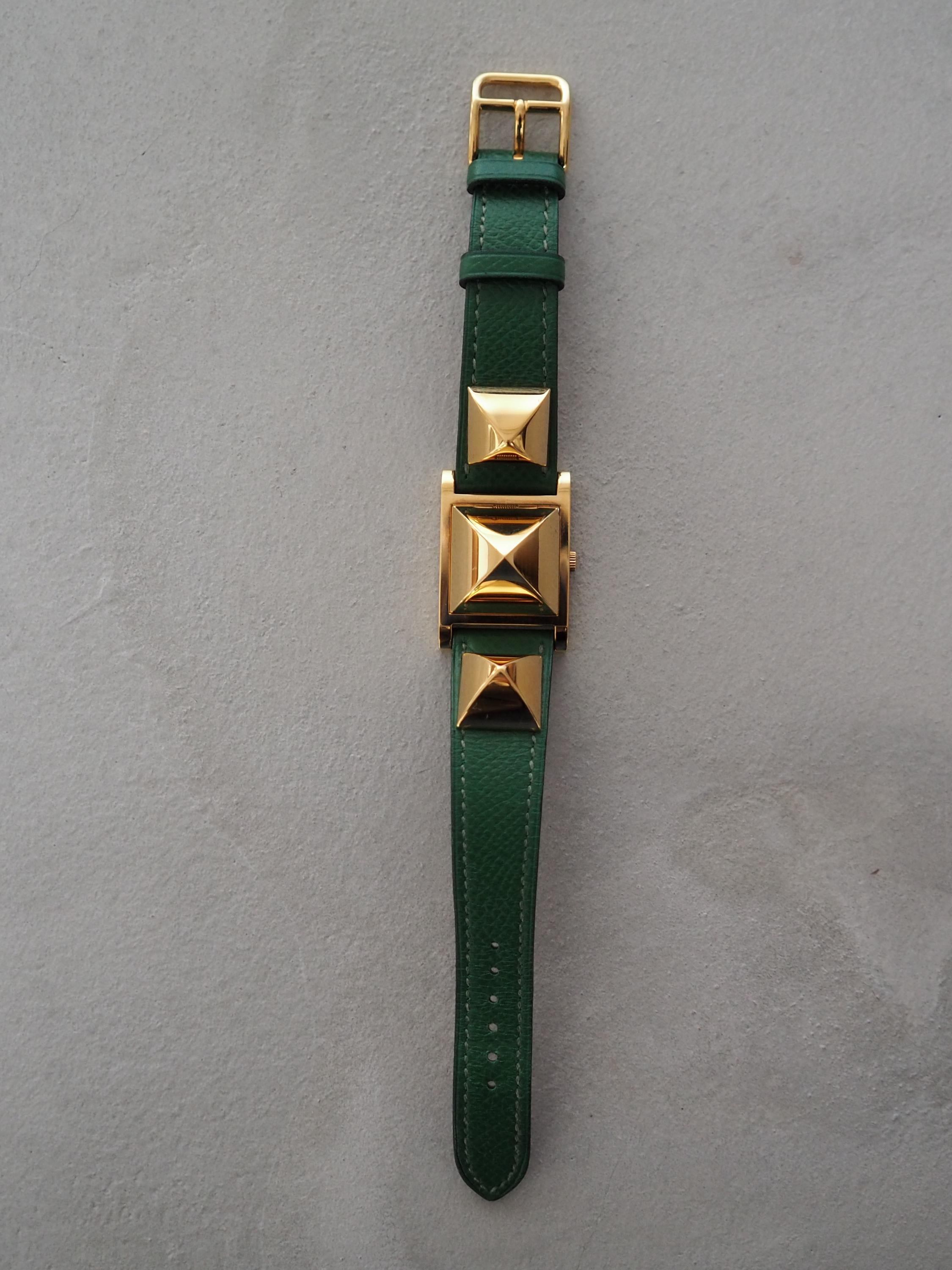 HERMES Medor Watch Wristwatch Stud Green Leather Gold Color Ladies Unisex Vintage Authentic Box