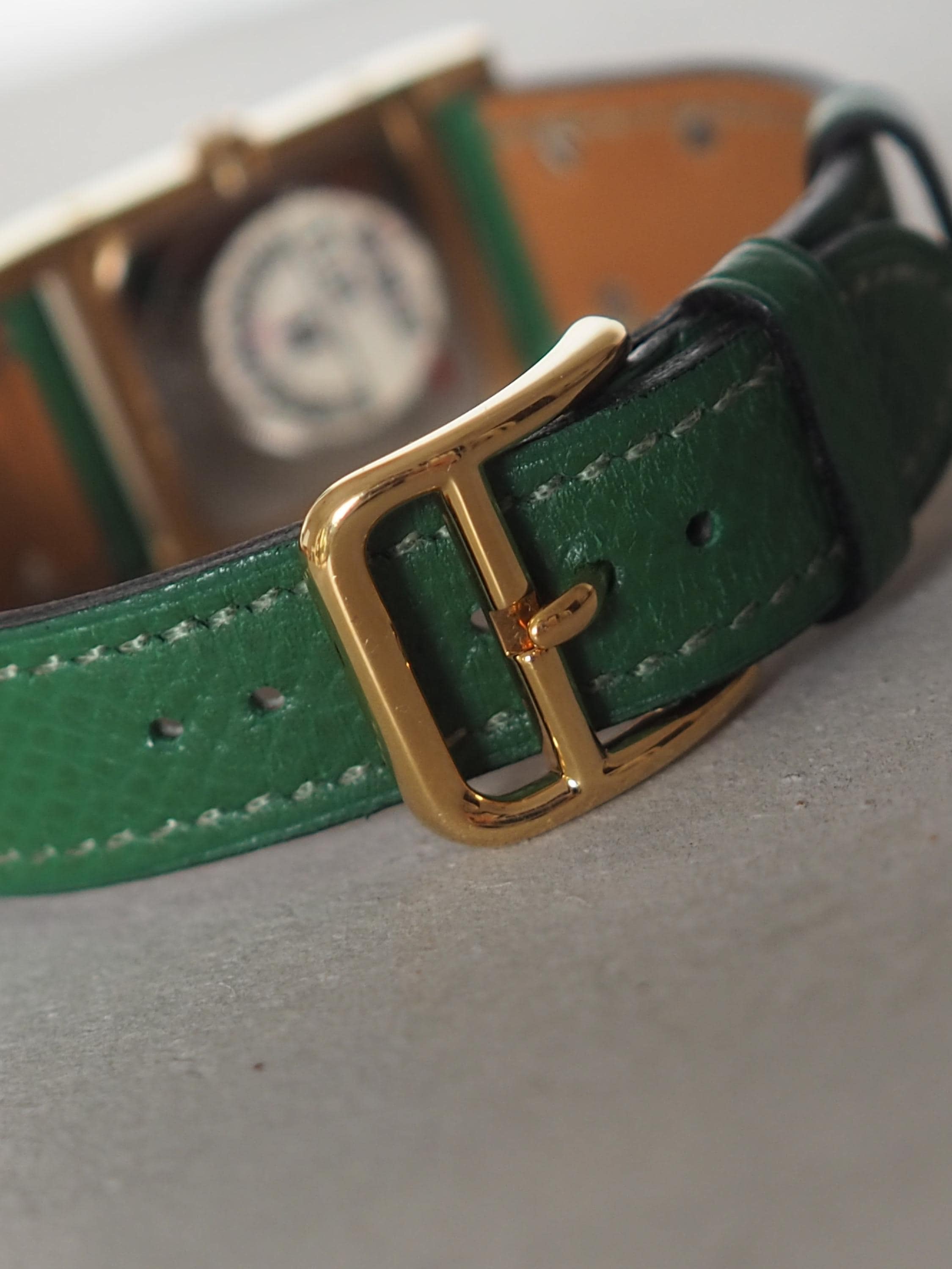 HERMES Medor Watch Wristwatch Stud Green Leather Gold Color Ladies Unisex Vintage Authentic Box