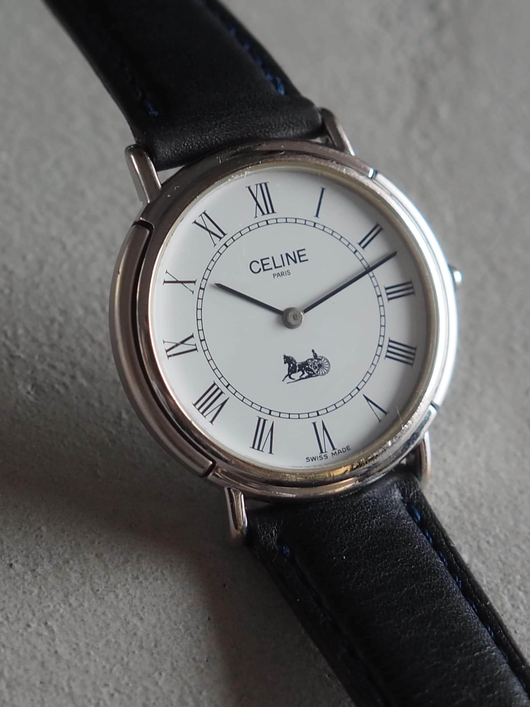 CELINE Watch Wristwatch Carriage Silver Color Stainless Steel Leather Quartz Vintage Authentic