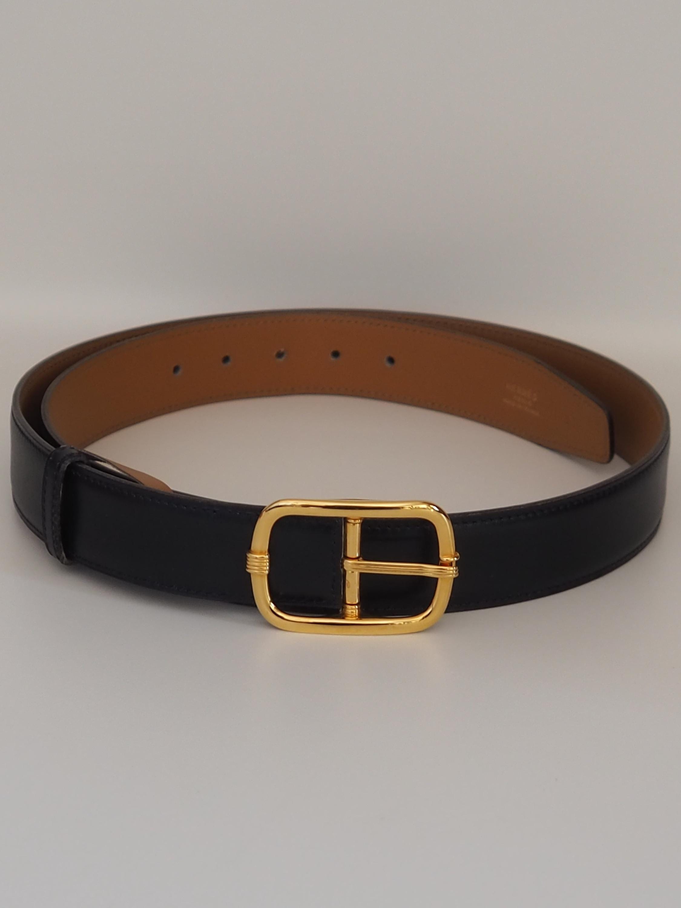 HERMES Belt Size 90 Black Brown Leather Gold Metal Mens Unisex Vintage Authentic Box