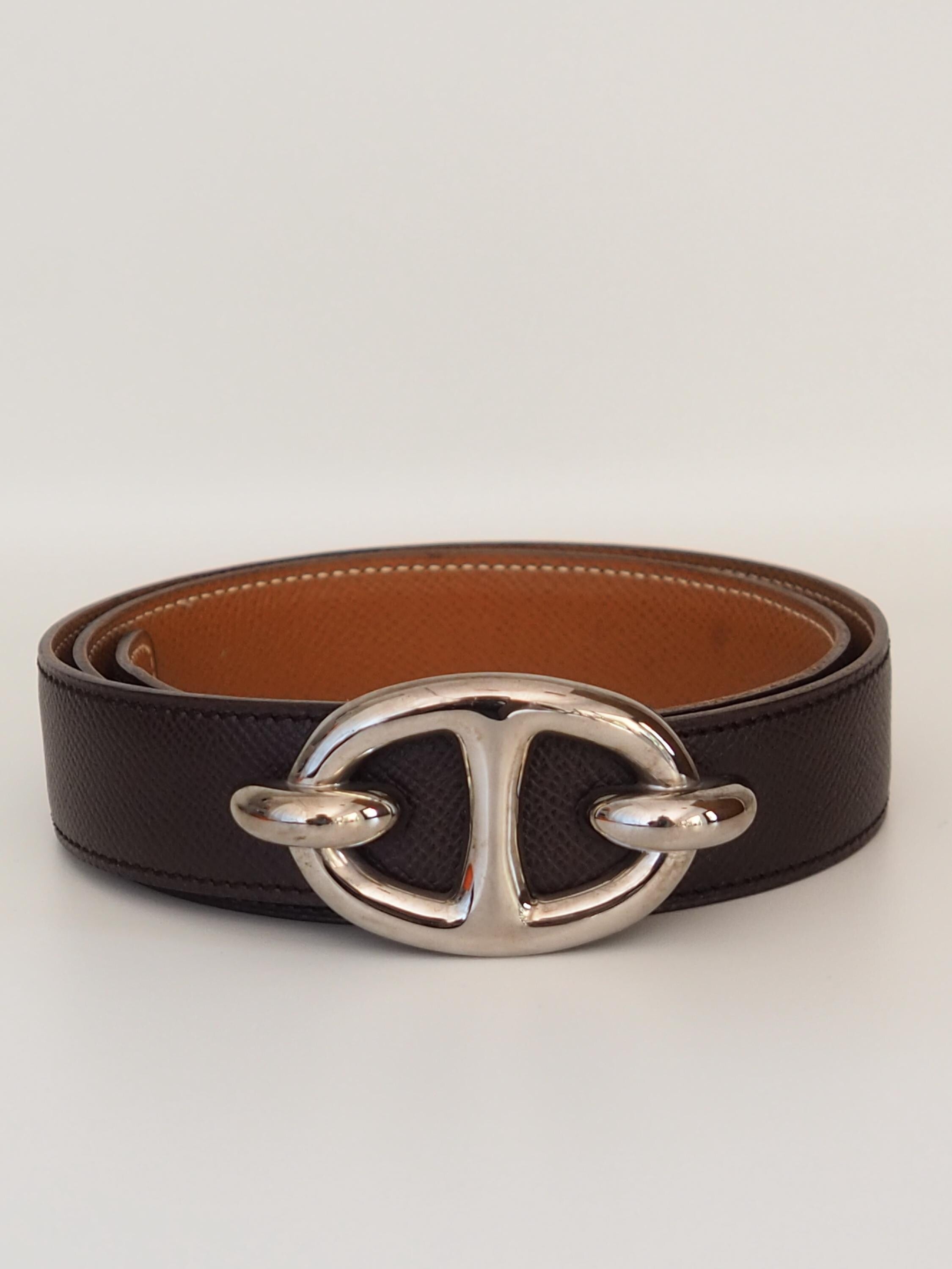 HERMES Chaine d'Ancre Belt 75 size Brown Leather Silver Metal Ladies Unisex Vintage Authentic Box