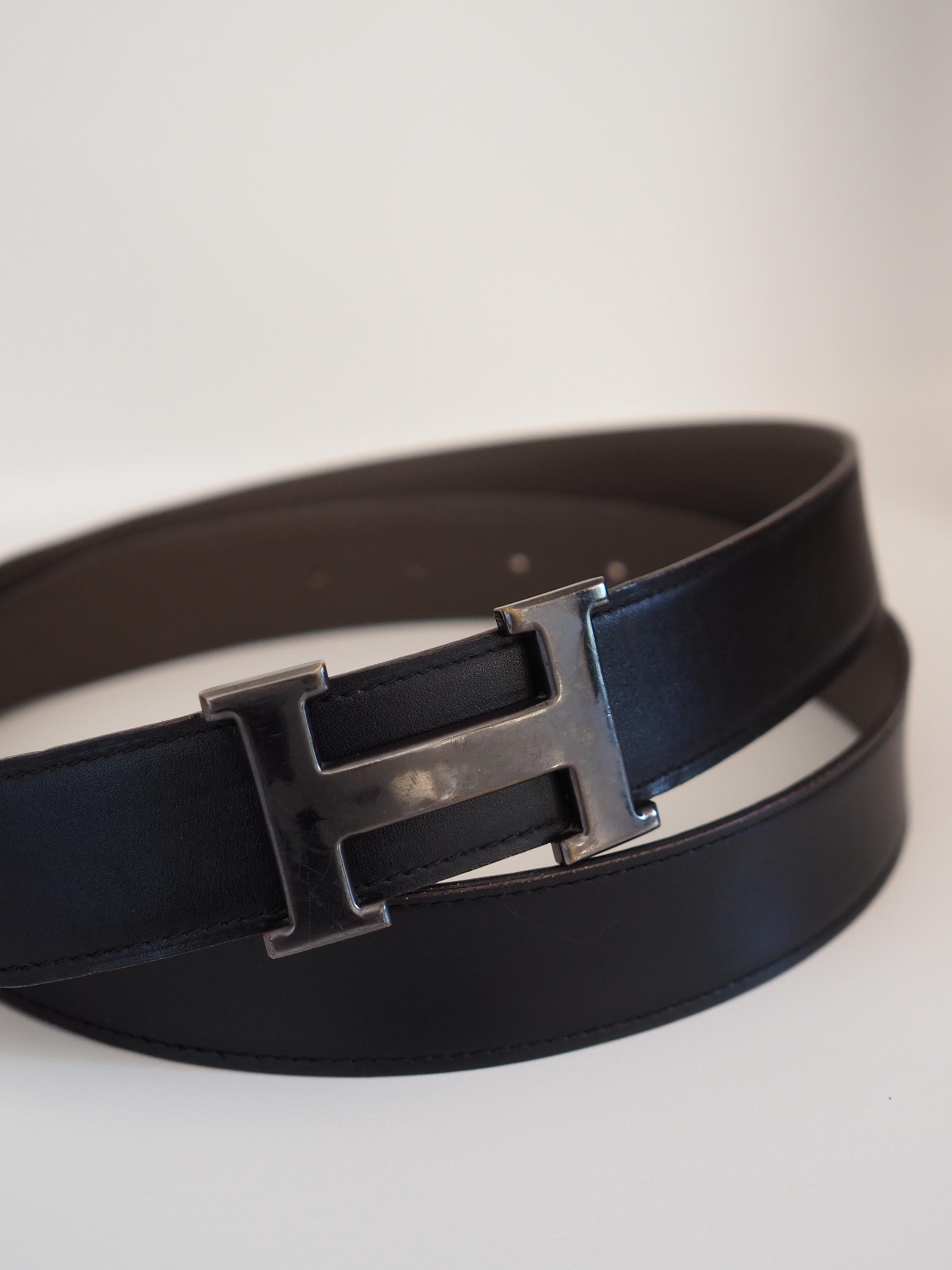 HERMES H Constance Belt Size 90 Black Brown Leather Silver Metal Mens Unisex Vintage Authentic Box