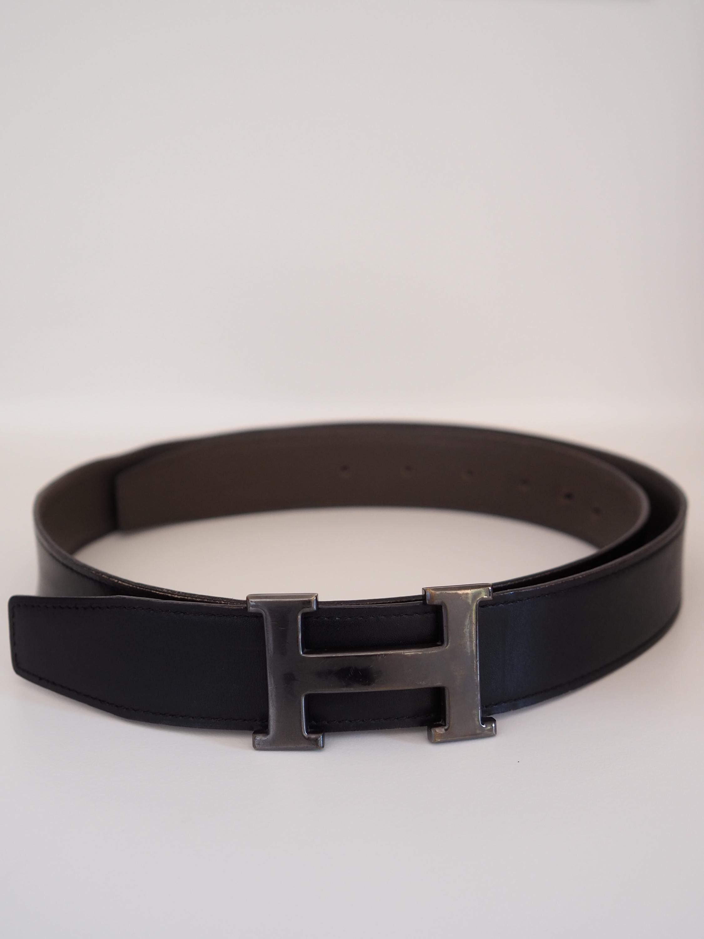 HERMES H Constance Belt Size 90 Black Brown Leather Silver Metal Mens Unisex Vintage Authentic Box