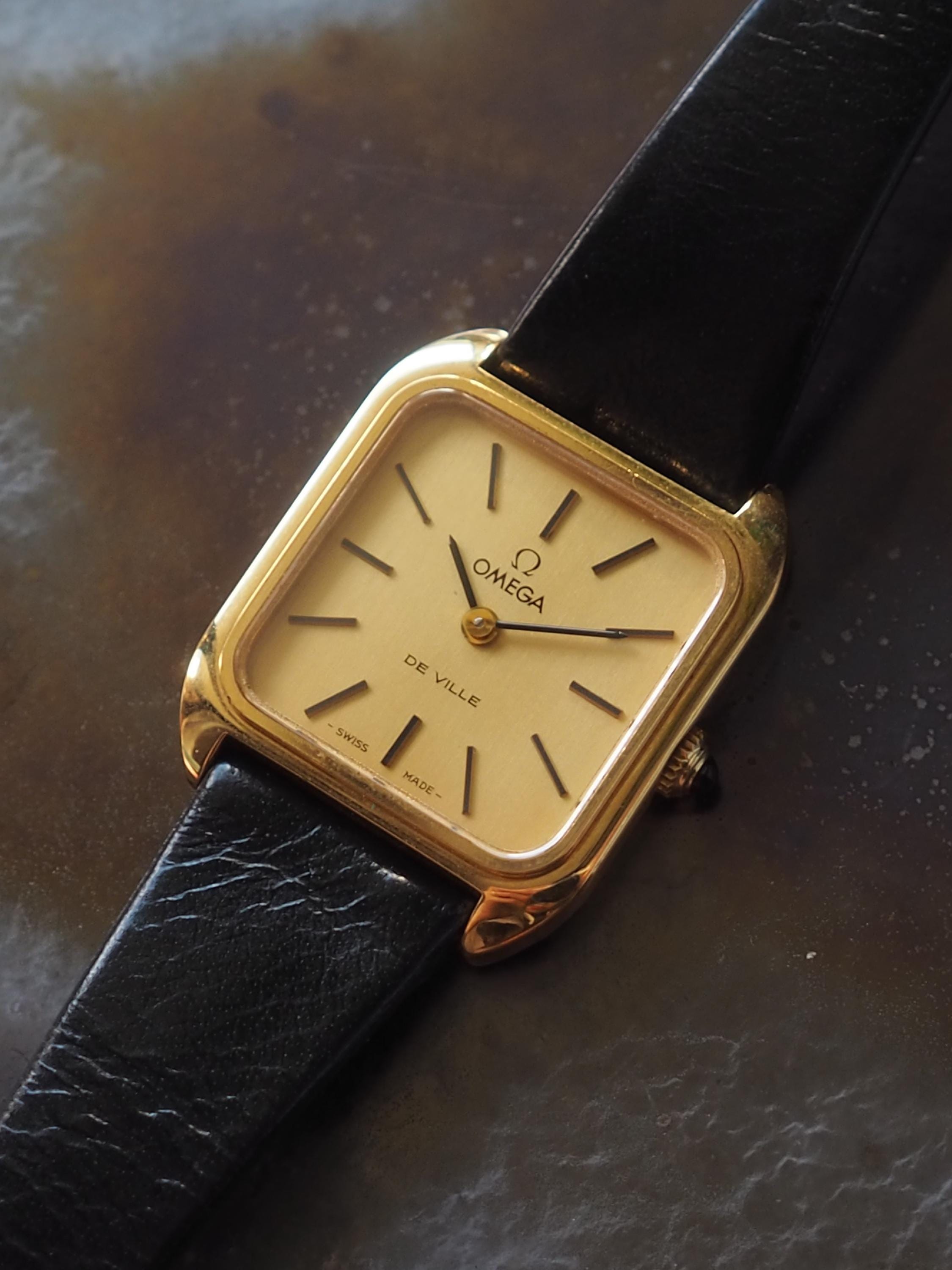 OMEGA DE VILLE Watch Gold Color Stainless steel Black Leather Ladies Vintage Antique Authentic