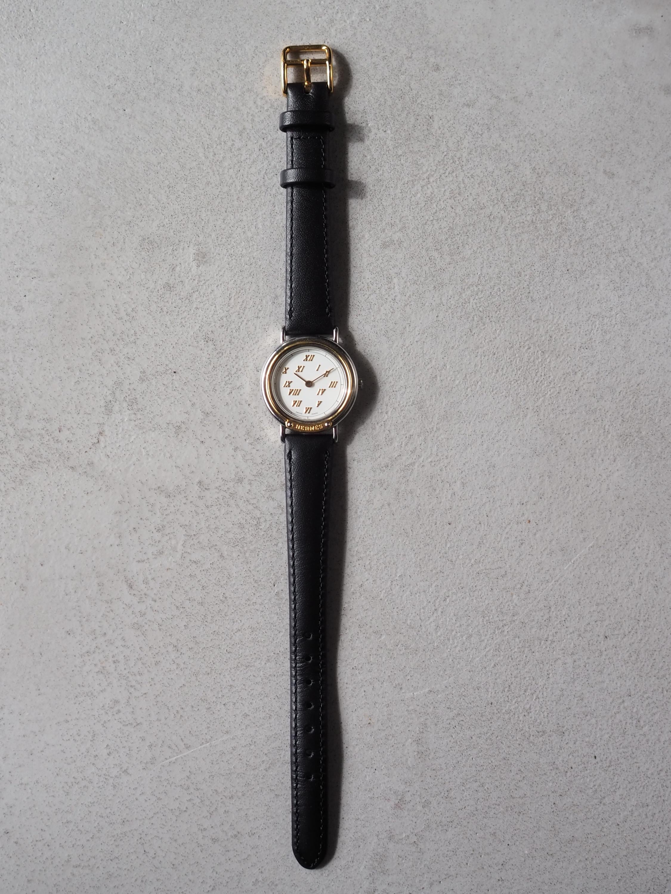 HERMES Meteor Watch Quartz Gold Silver Dial Black Leather Ladies Wristwatch Vintage Authentic