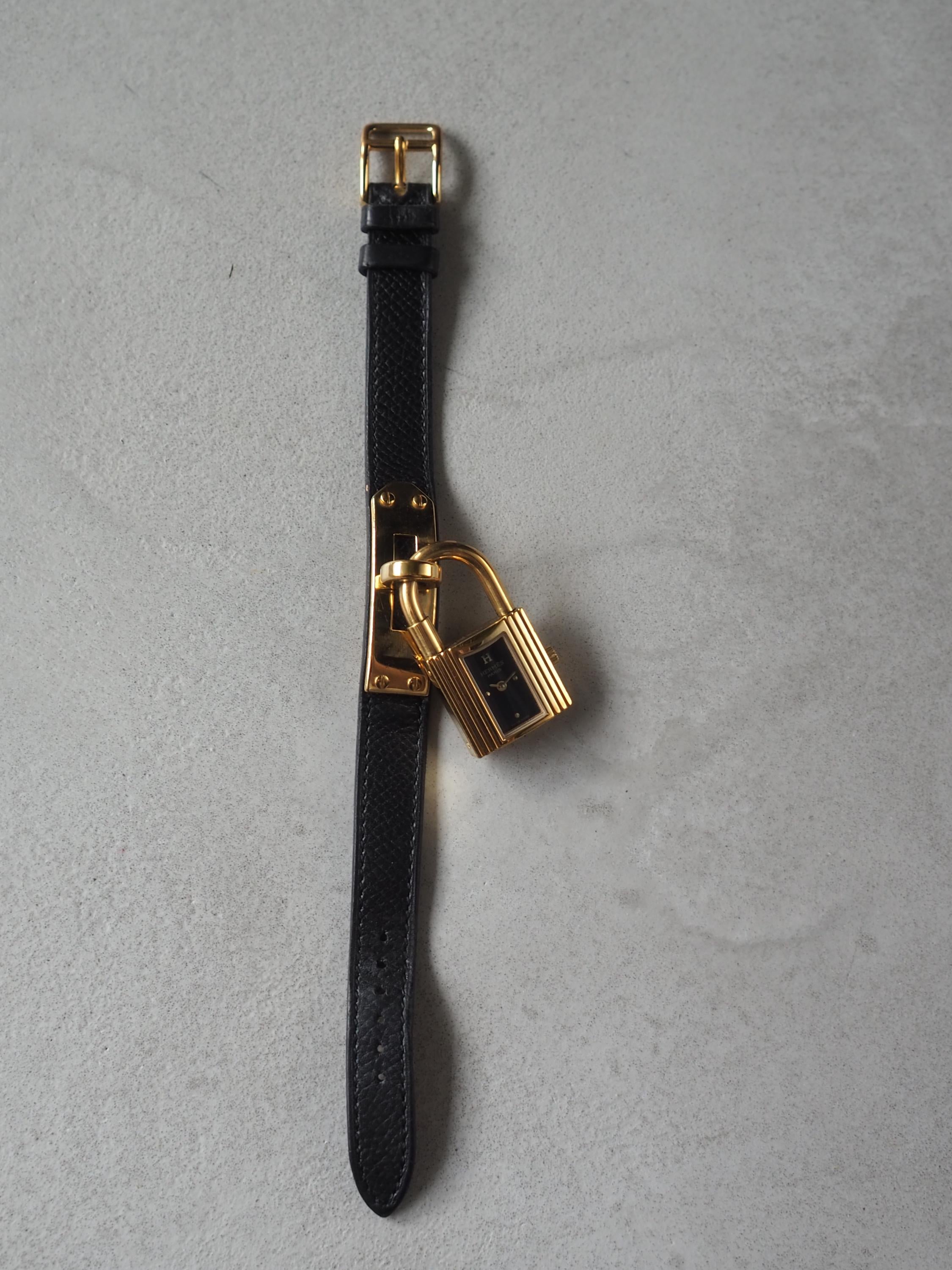 HERMES KELLY Watch Quartz Gold Metal Black Leather Ladies Wristwatch Vintage Authentic