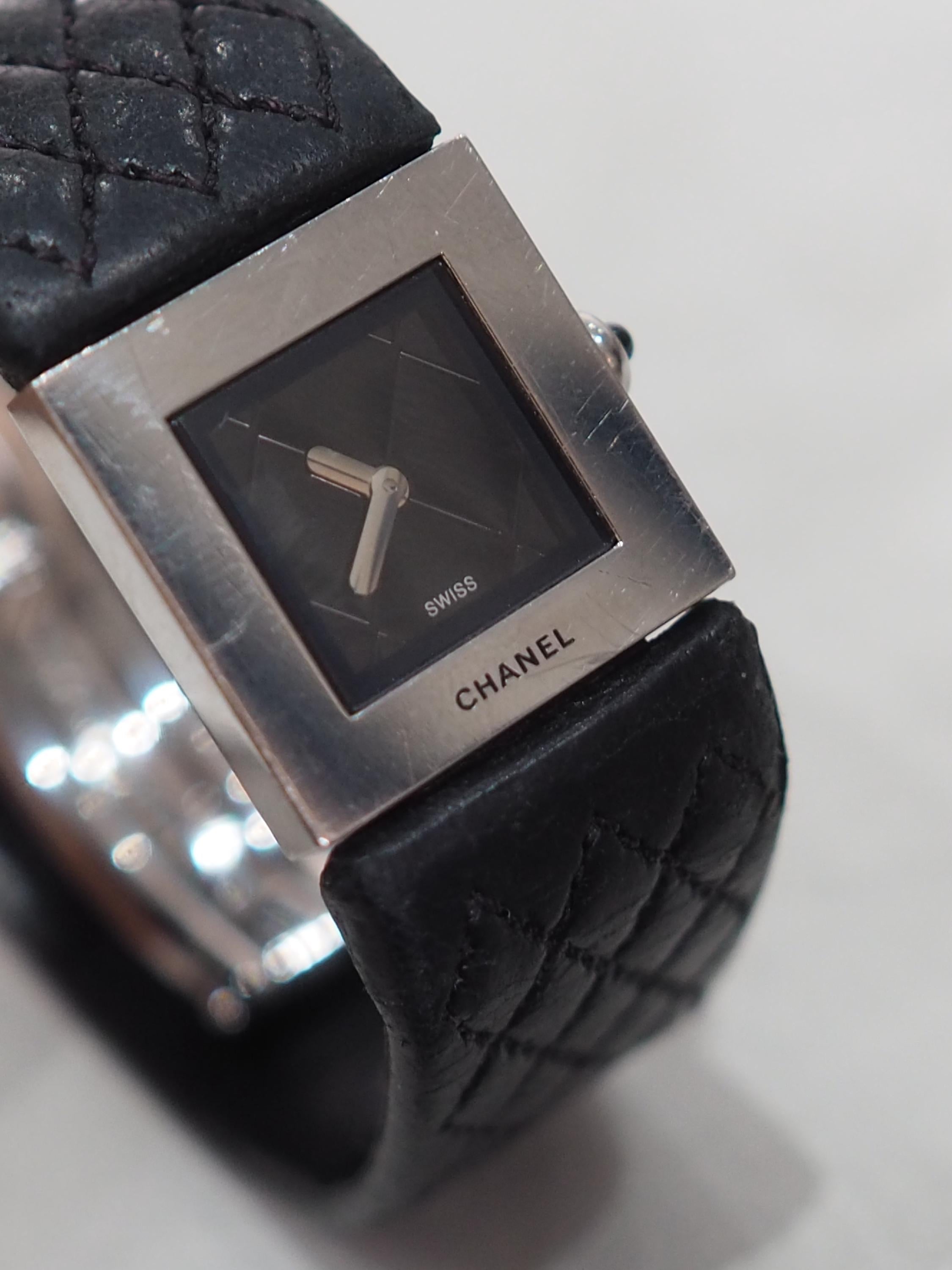 CHANEL Matelasse Watch Steel Leather Quartz Ladies Silver Leather Wristwatch Vintage Authentic