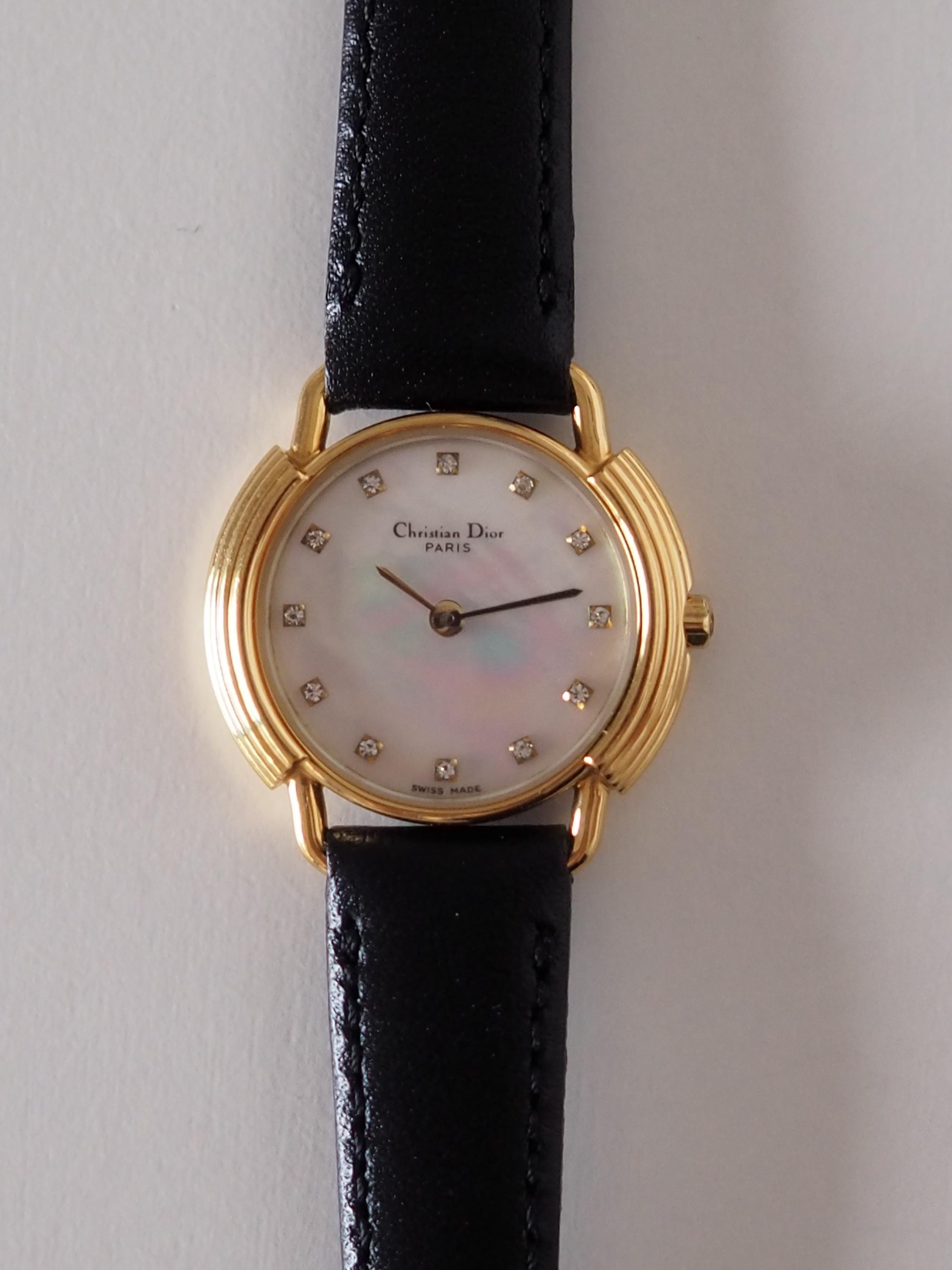 Christian Dior Round Shell Watch Gold Metal Black Leather Quartz Wristwatch Ladies Vintage Authentic