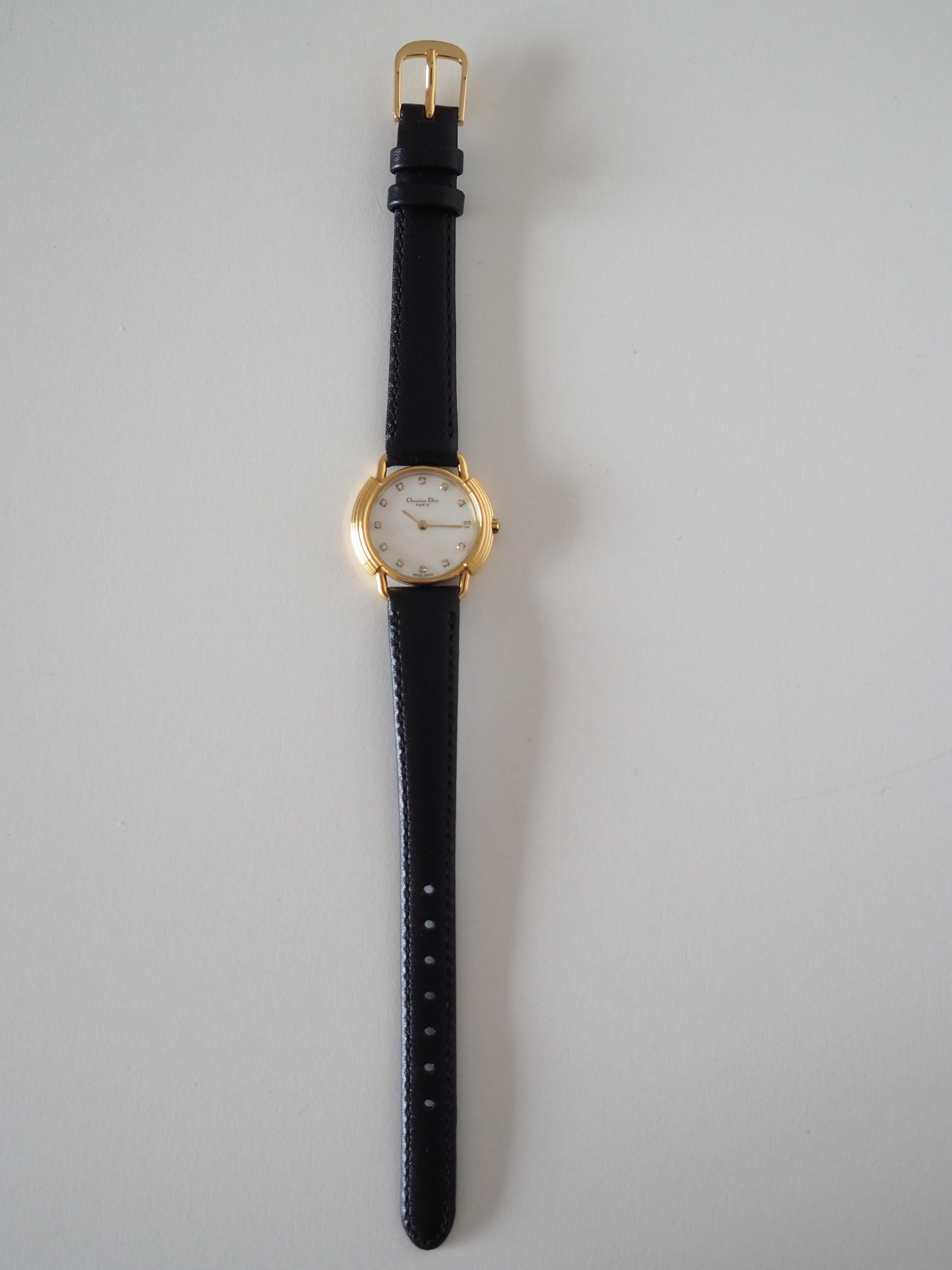 Christian Dior Round Shell Watch Gold Metal Black Leather Quartz Wristwatch Ladies Vintage Authentic