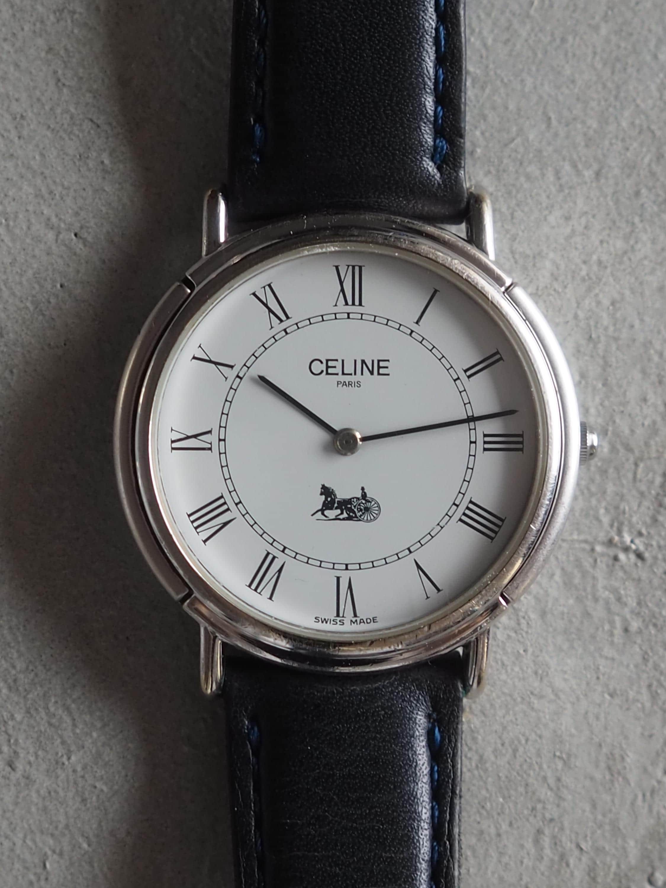 CELINE Watch Wristwatch Carriage Silver Color Stainless Steel Leather Quartz Vintage Authentic