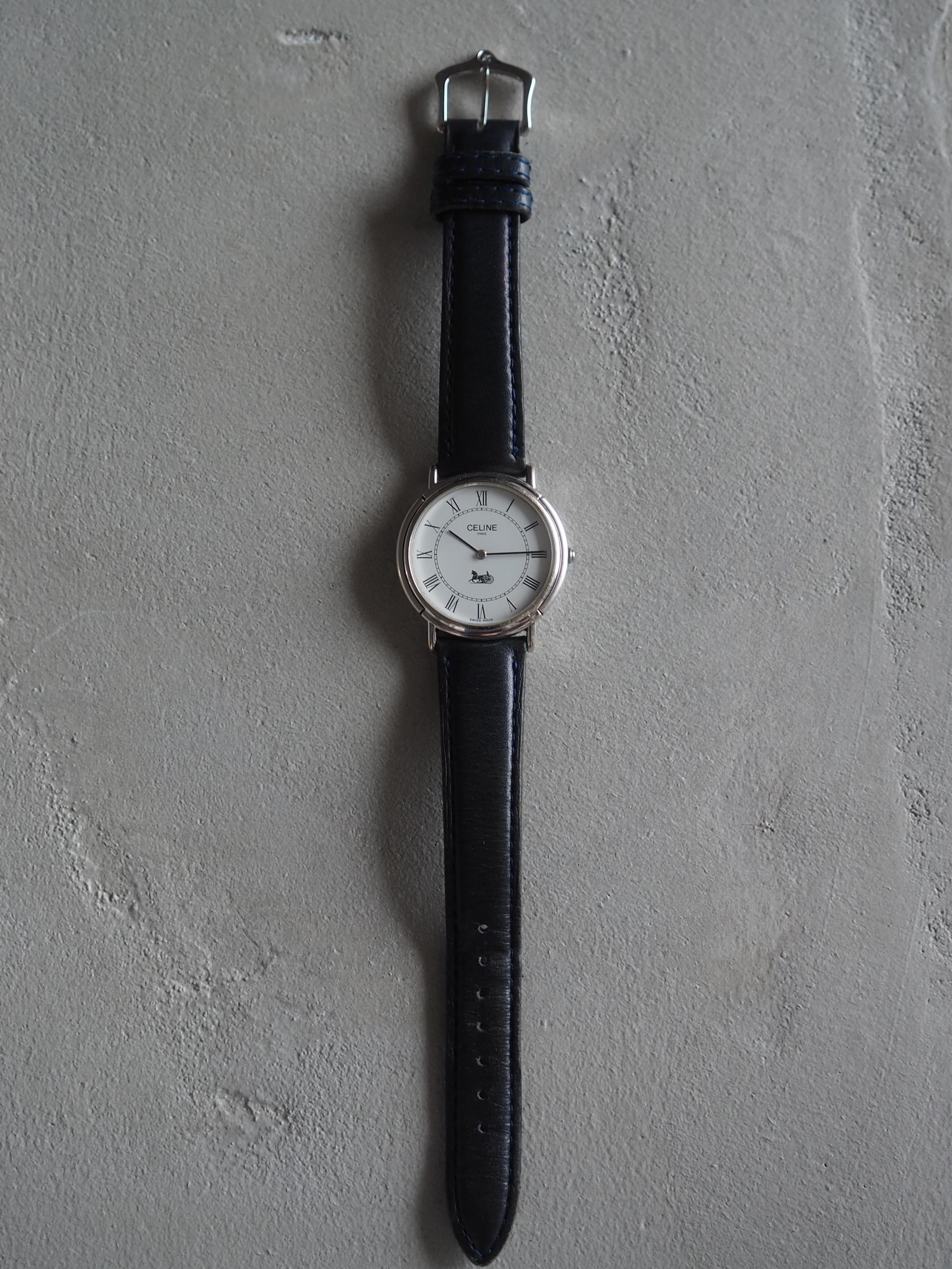 CELINE Watch Wristwatch Carriage Silver Color Stainless Steel Leather Quartz Vintage Authentic