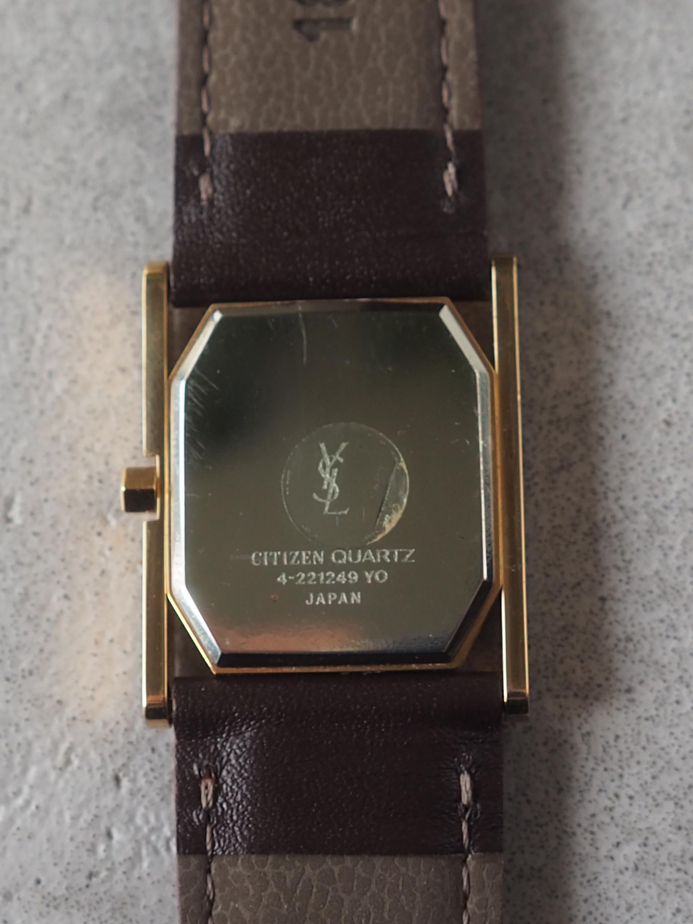 Yves Saint Laurent YSL Square Watch Wristwatch Logo Gold color Stainless steel Leather Band Vintage Authentic