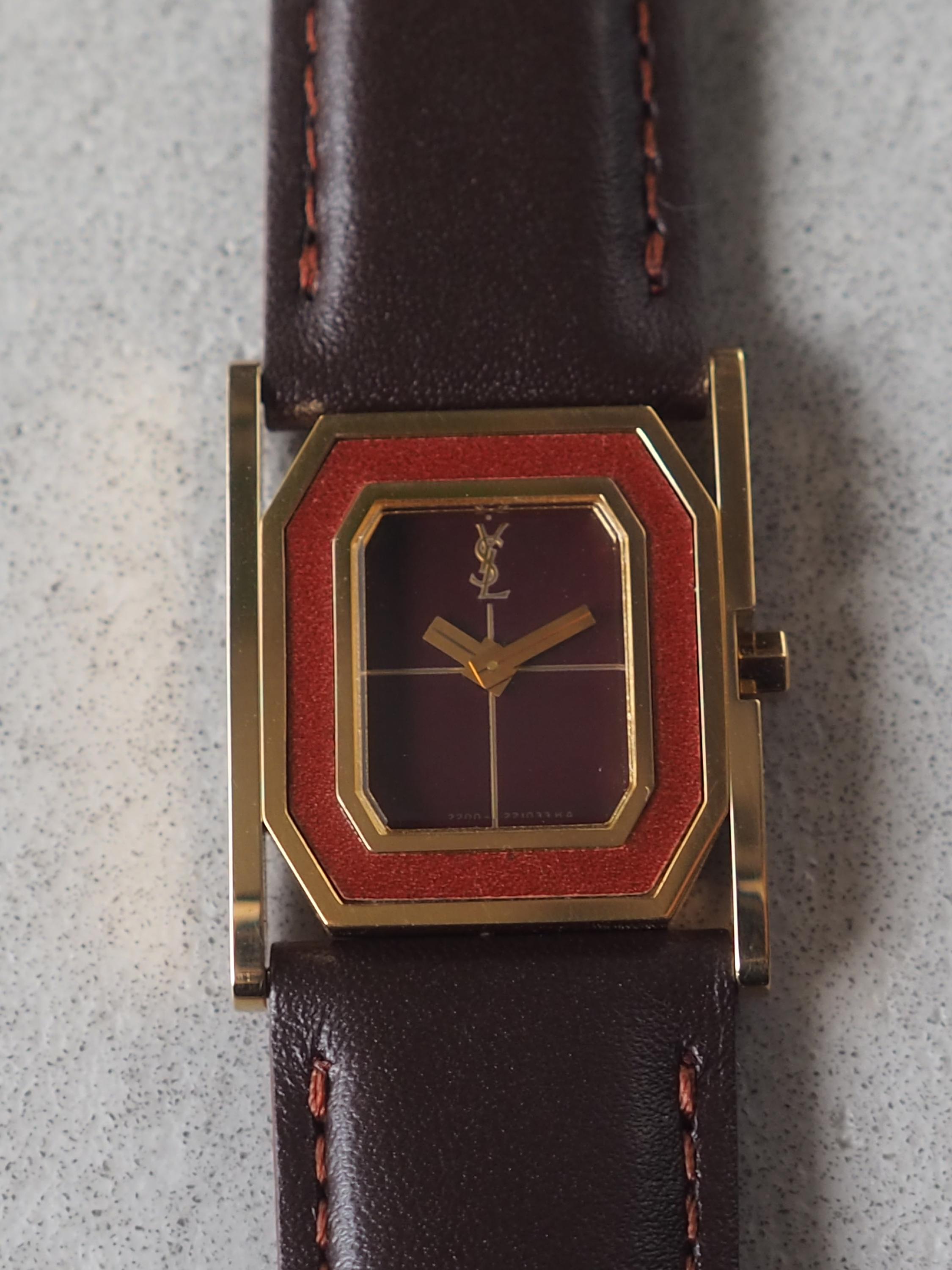 Yves Saint Laurent YSL Square Watch Wristwatch Logo Gold color Stainless steel Leather Band Vintage Authentic