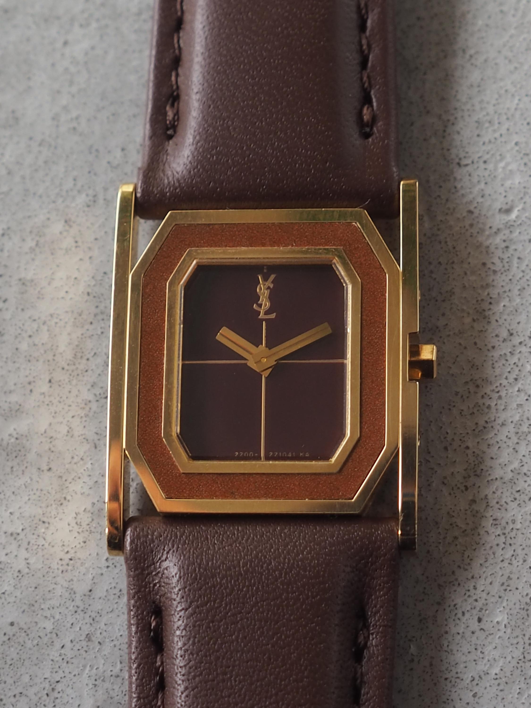 Yves Saint Laurent YSL Square Watch Wristwatch Unisex Logo Gold color Stainless steel Leather Band Vintage Authentic