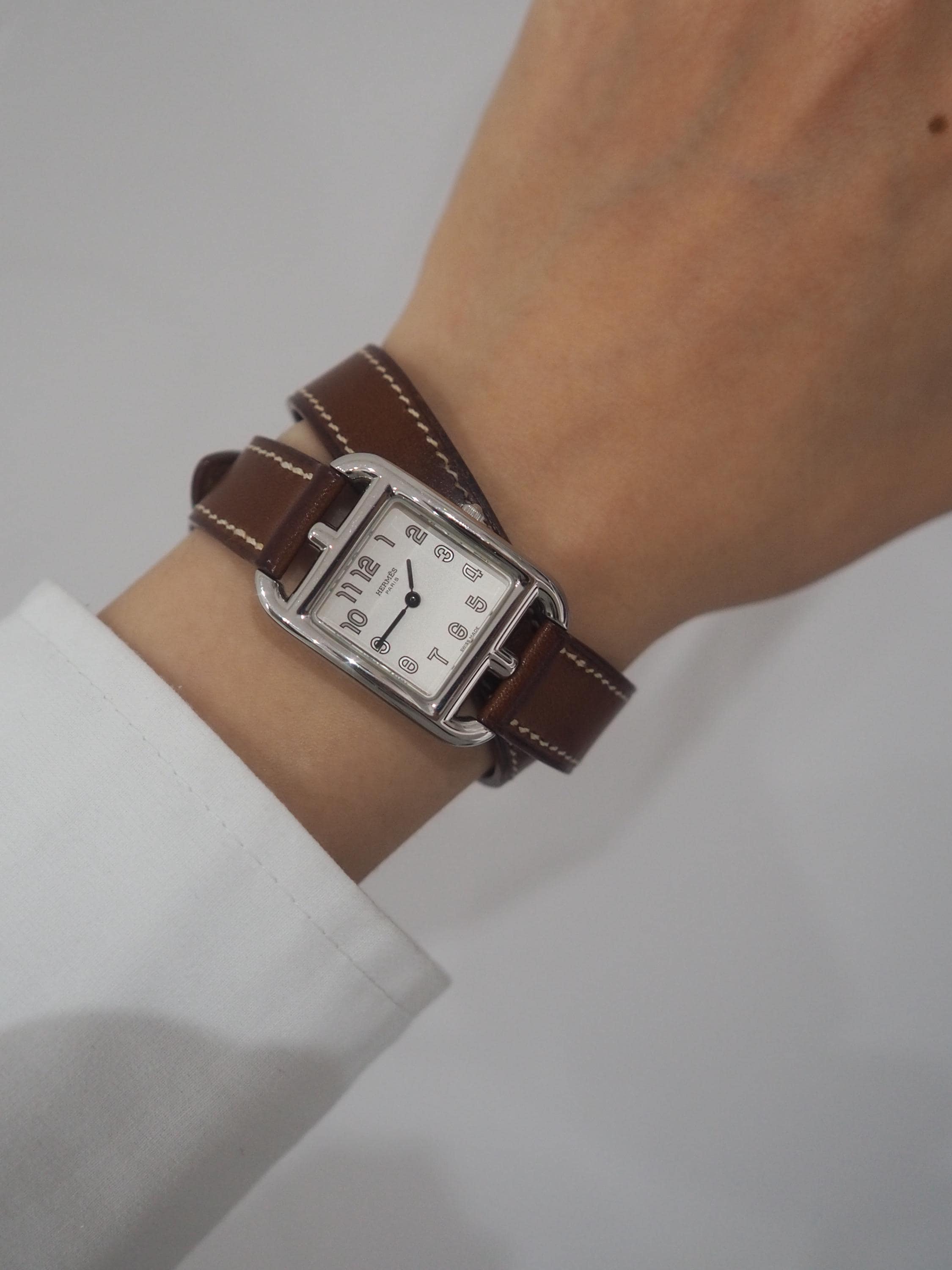 HERMES Cape Cod Watch Wristwatch Double Tour Silver Brown CC1.210 Quartz Dial Ladies Vintage Authentic