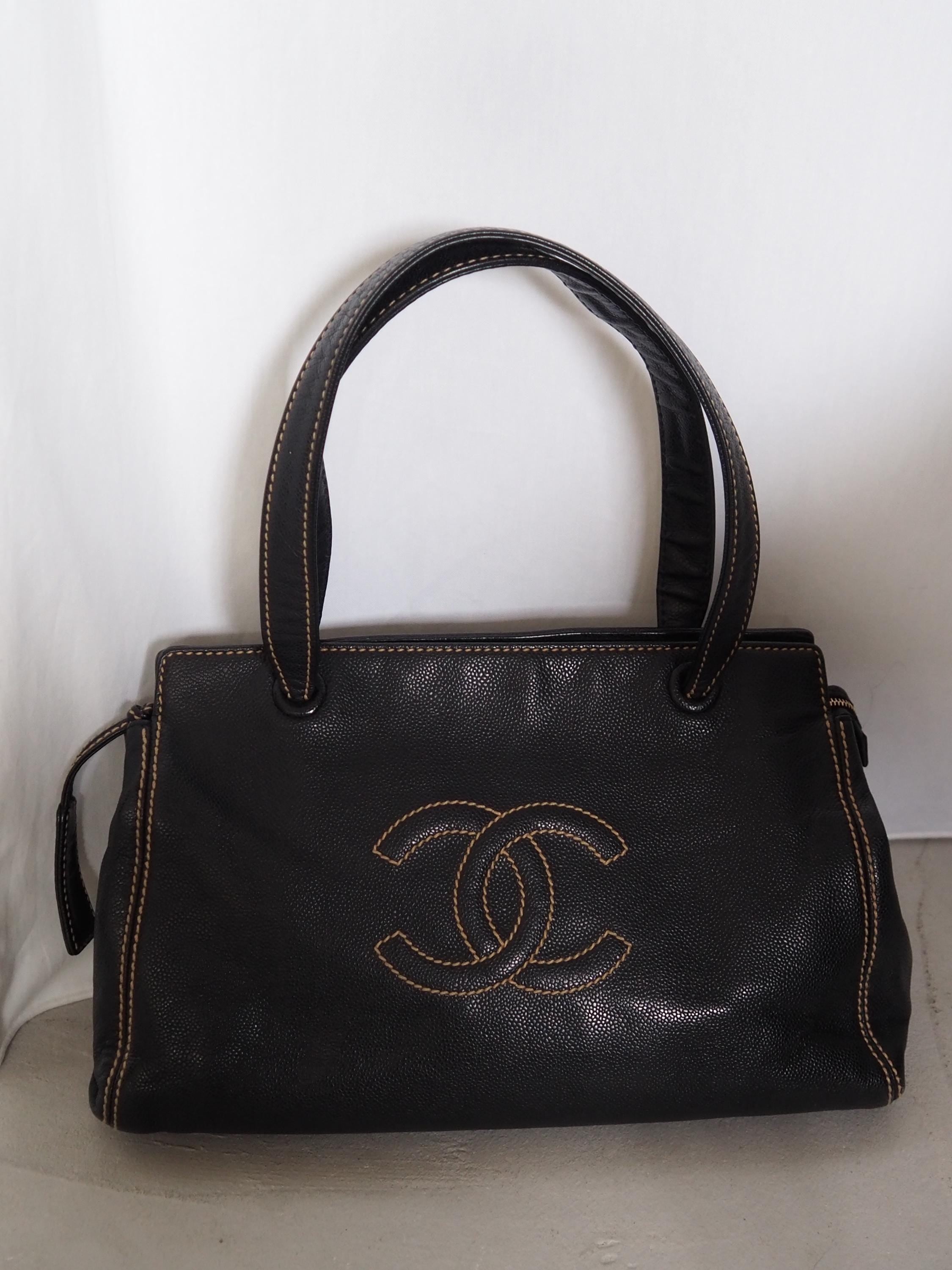 CHANEL COCO Stitch Tote Shoulder Bag Caviar Skin CC Logo Black Leather Vintage Authentic