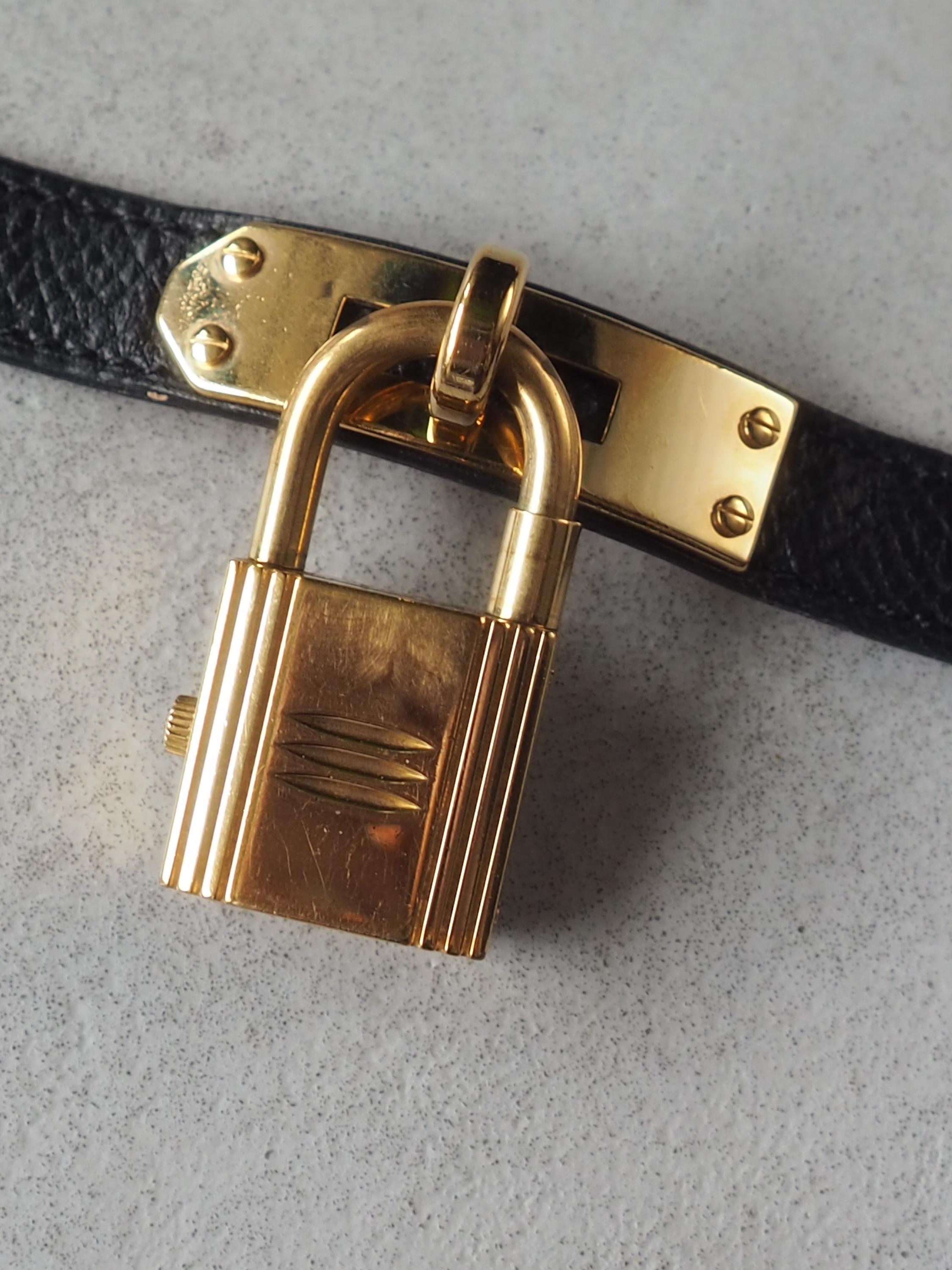 HERMES KELLY Watch Quartz Gold Metal Black Leather Ladies Wristwatch Vintage Authentic