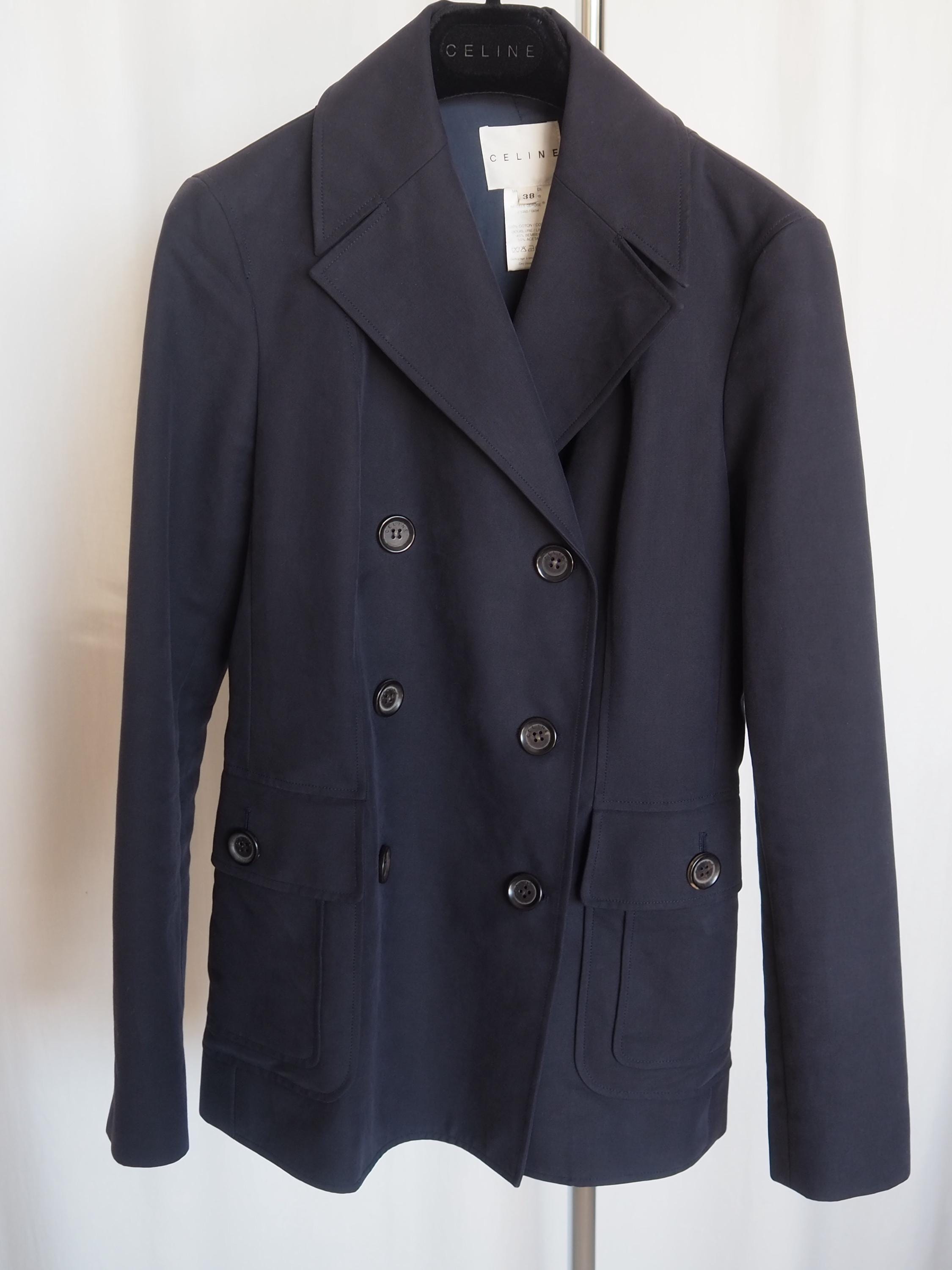 CELINE Double Button Jacket Navy Cotton Vintage Size38 Authentic