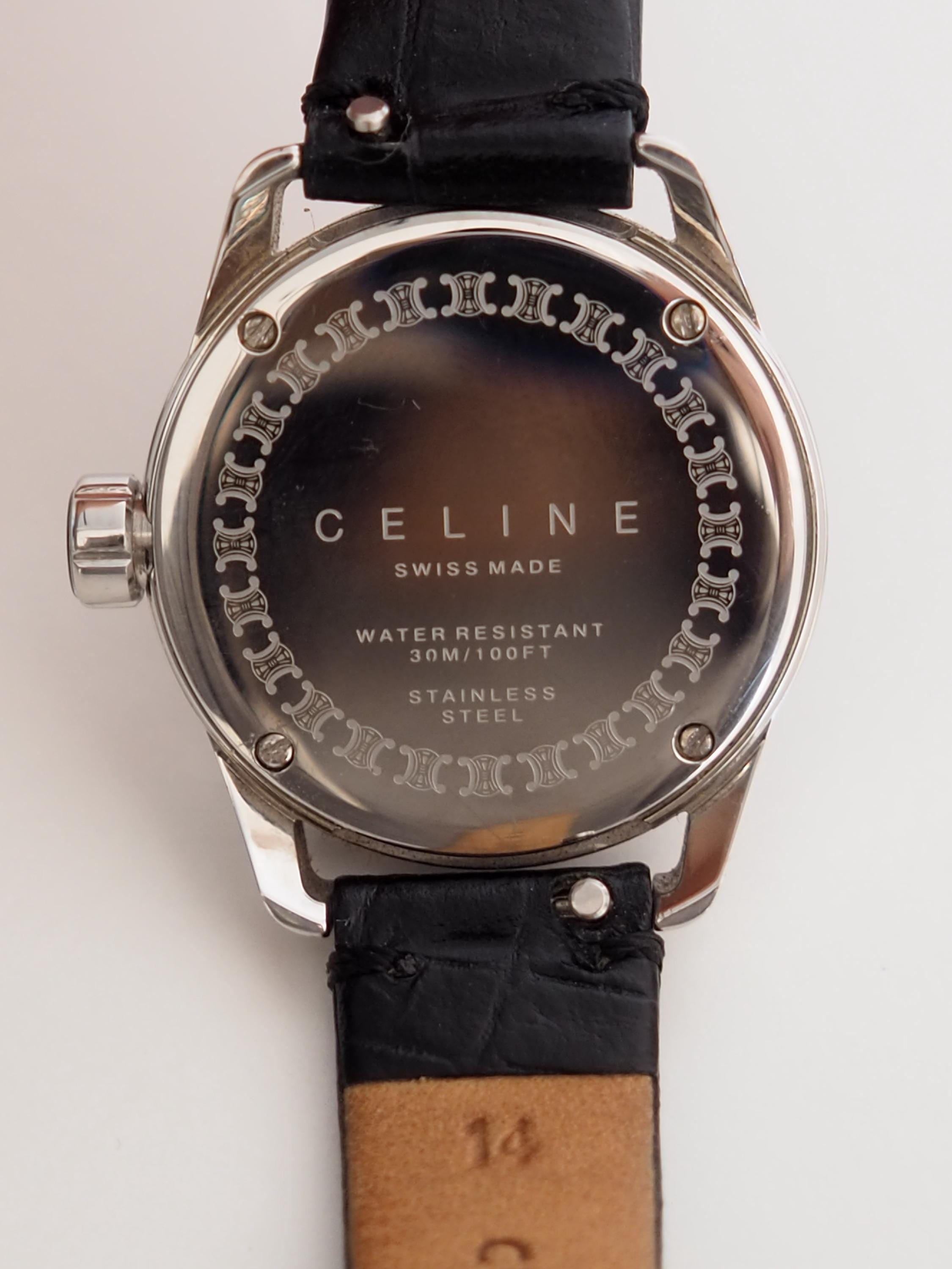 CELINE Watch Wristwatch Macadam Silver Color Stainless Steel Leather Quartz Vintage Authentic