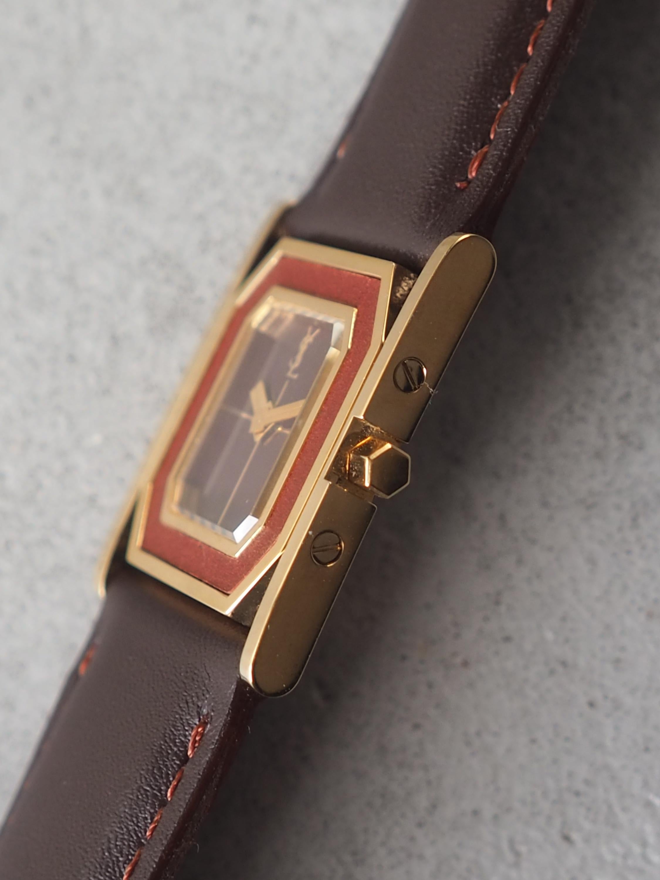 Yves Saint Laurent YSL Square Watch Wristwatch Logo Gold color Stainless steel Leather Band Vintage Authentic