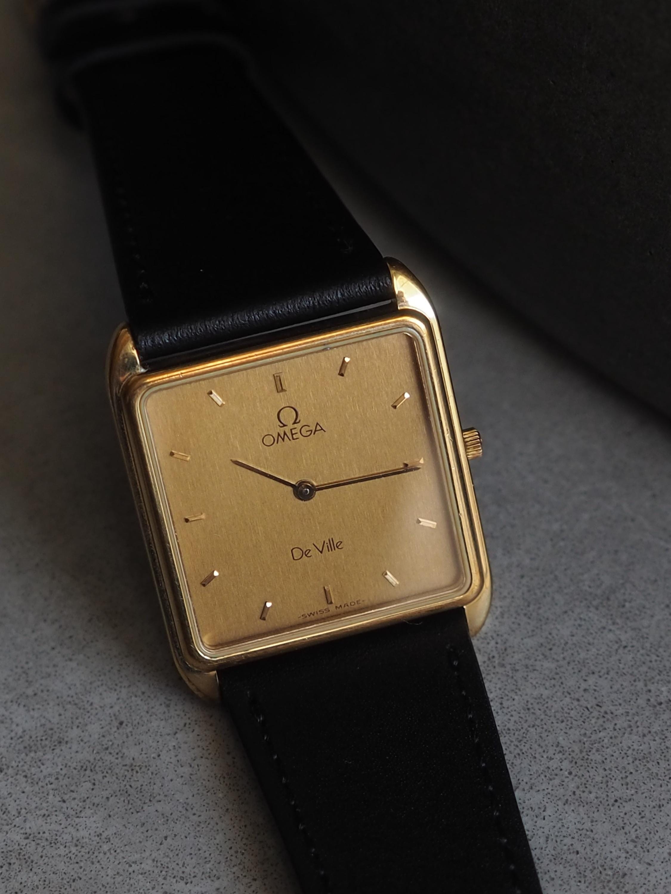 OMEGA DE VILLE Square Quartz Watch Wristwatch Gold Color Stainless steel Black Leather Unisex Vintage Antique Authentic