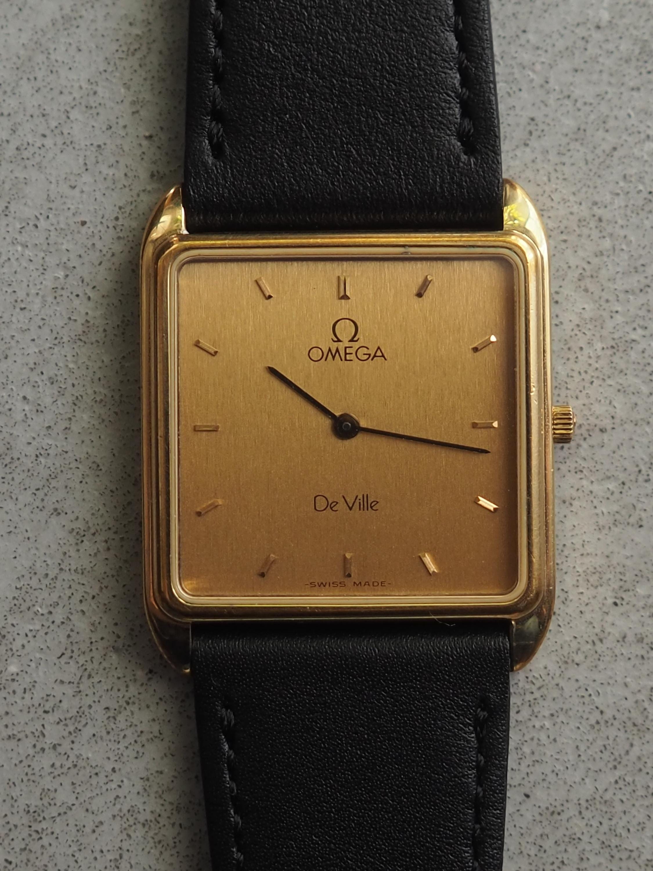 OMEGA DE VILLE Square Quartz Watch Wristwatch Gold Color Stainless steel Black Leather Unisex Vintage Antique Authentic