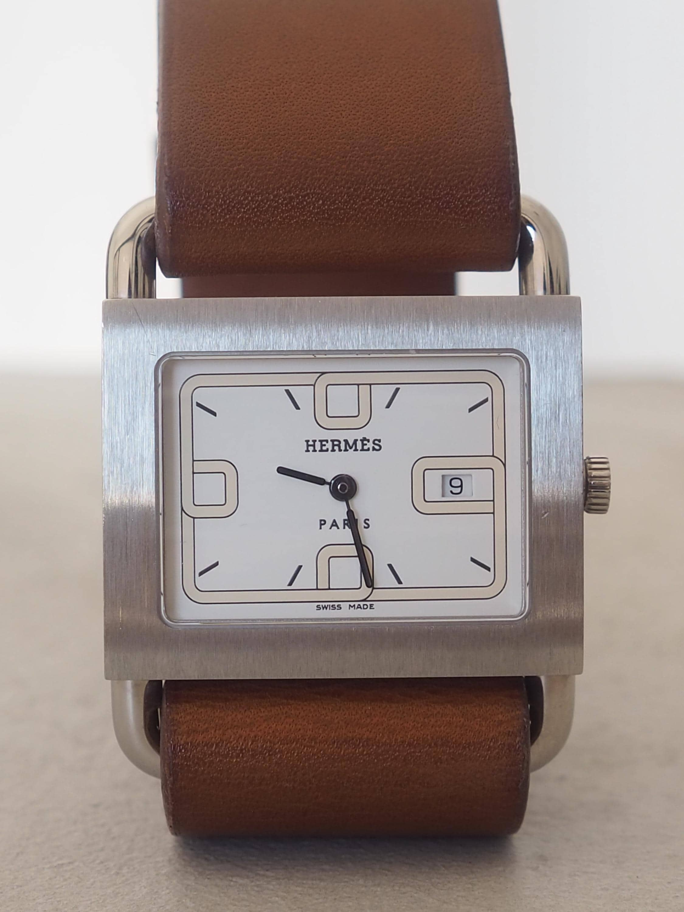 HERMES Valenia Date Silver Dial Quartz Watch Wristwatch Leather Brown Band Vintage BA1.210