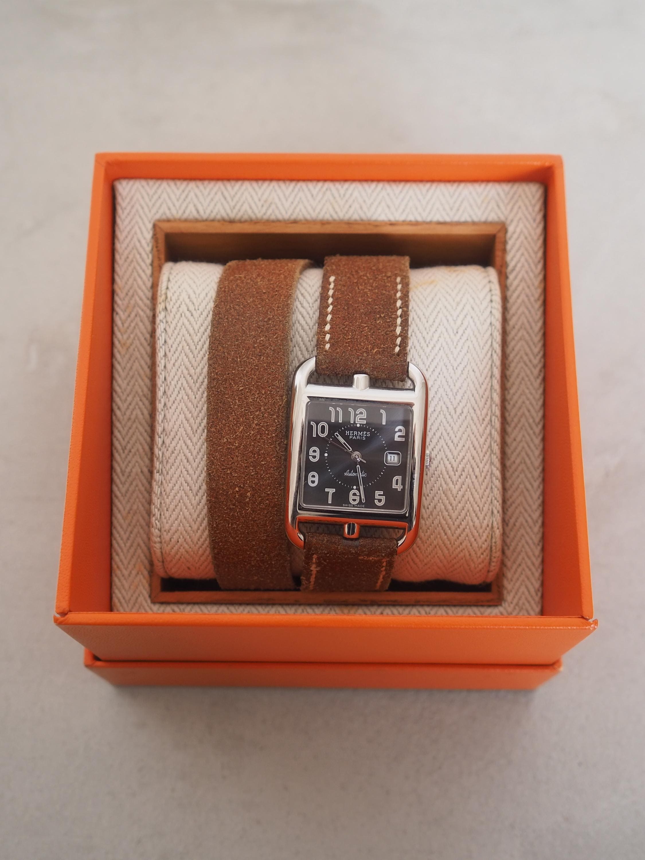 HERMES Cape Cod Watch Wristwatch Double Tour Silver Brown CC1.710 Quartz Dial Men's Unisex Vintage Authentic