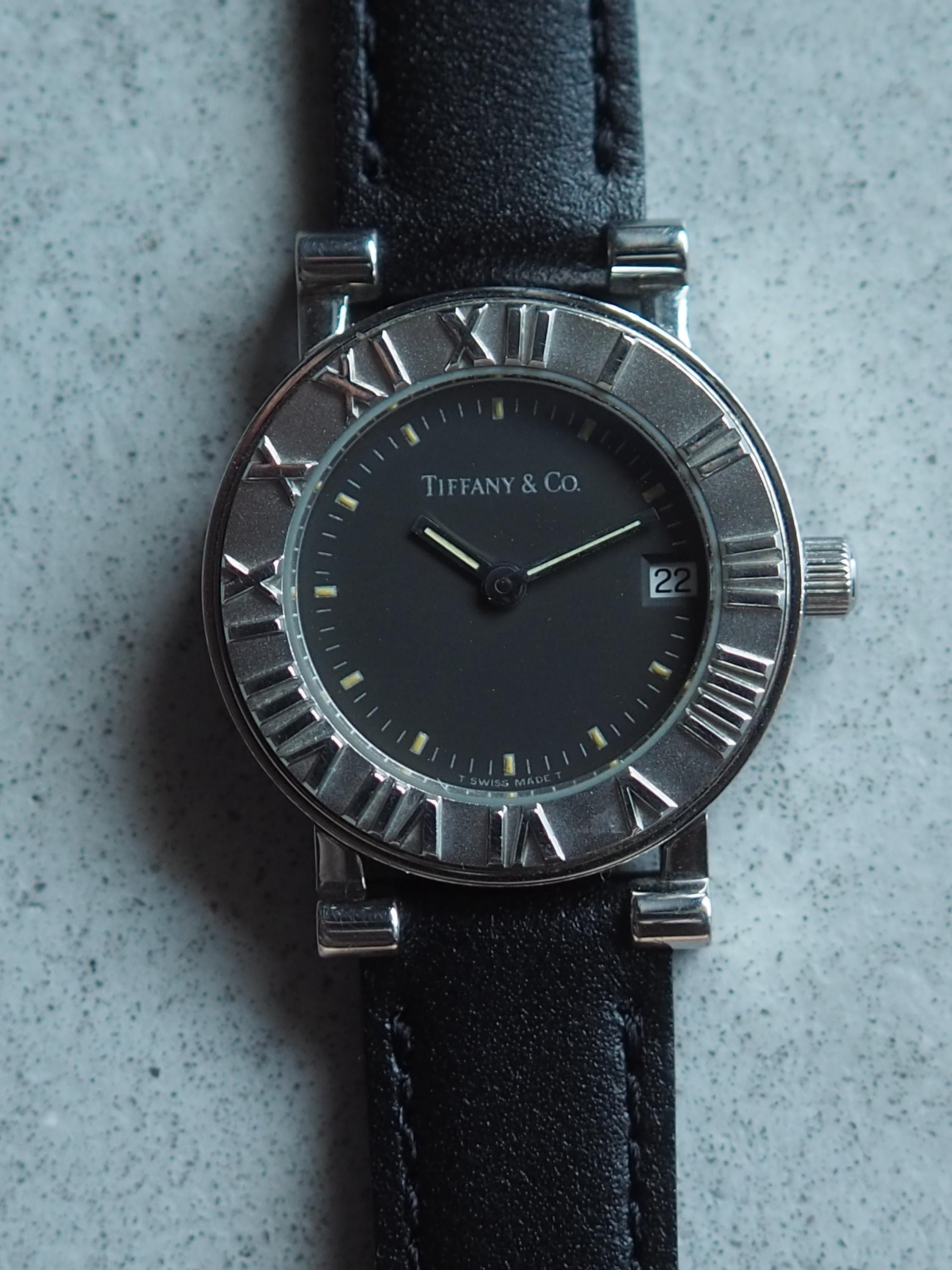 Tiffany & Co Classic Round Watch Silver Metal Black Leather Stainless Steel Quartz Wristwatch