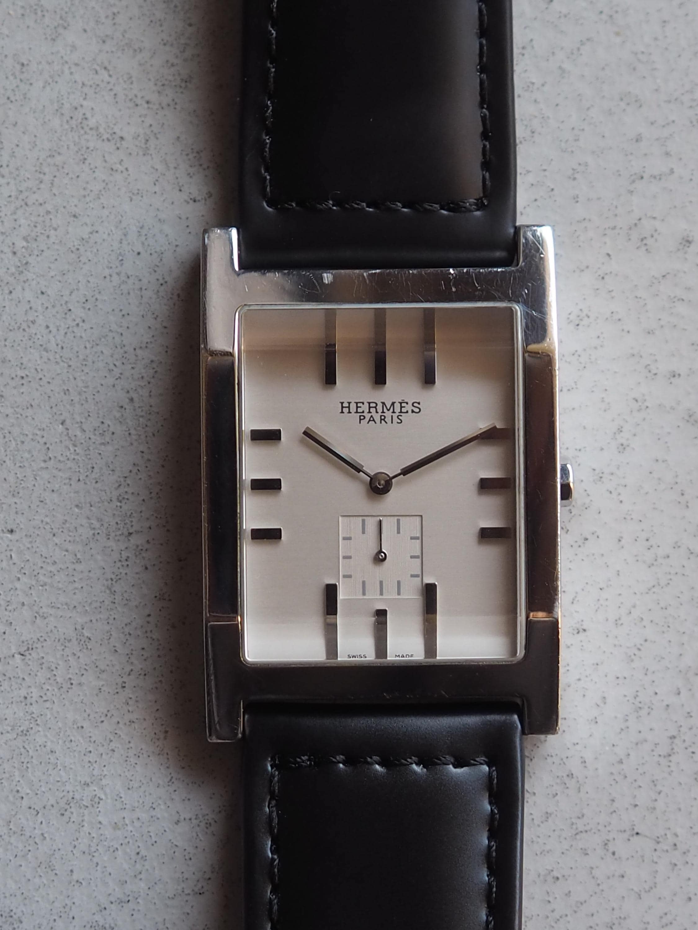 HERMES Tandem Watches Watch Silver Color Stainless steel Black Leather TA1.810 Vintage Authentic