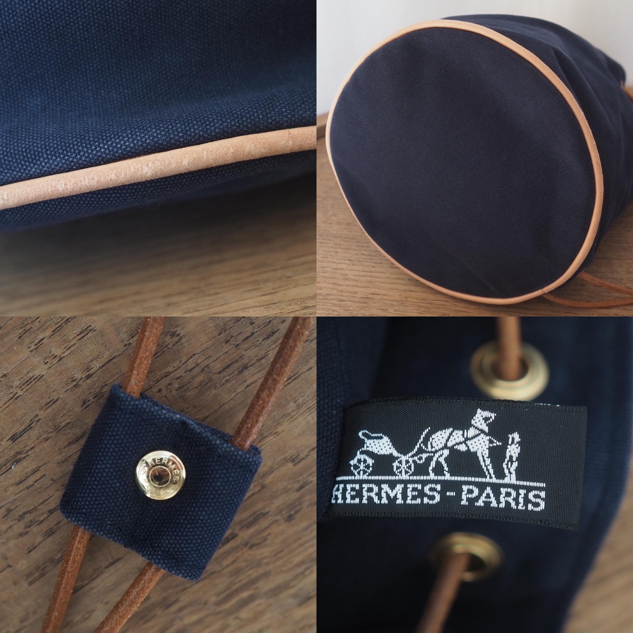 HERMES Polochon Mimir Backpack Canvas Leather Navy Authentic Vintage