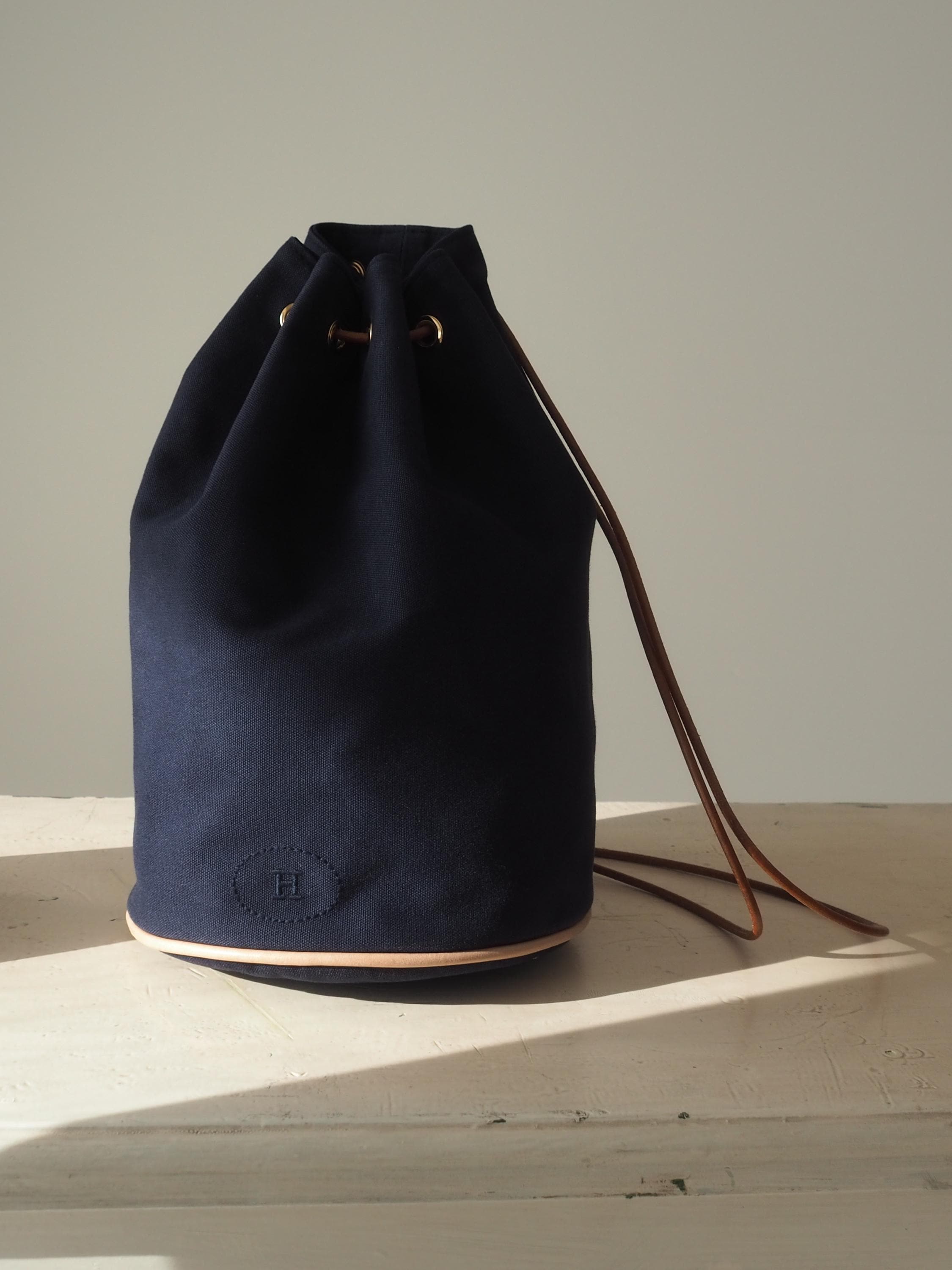 HERMES Polochon Mimir Backpack Canvas Leather Navy Authentic Vintage