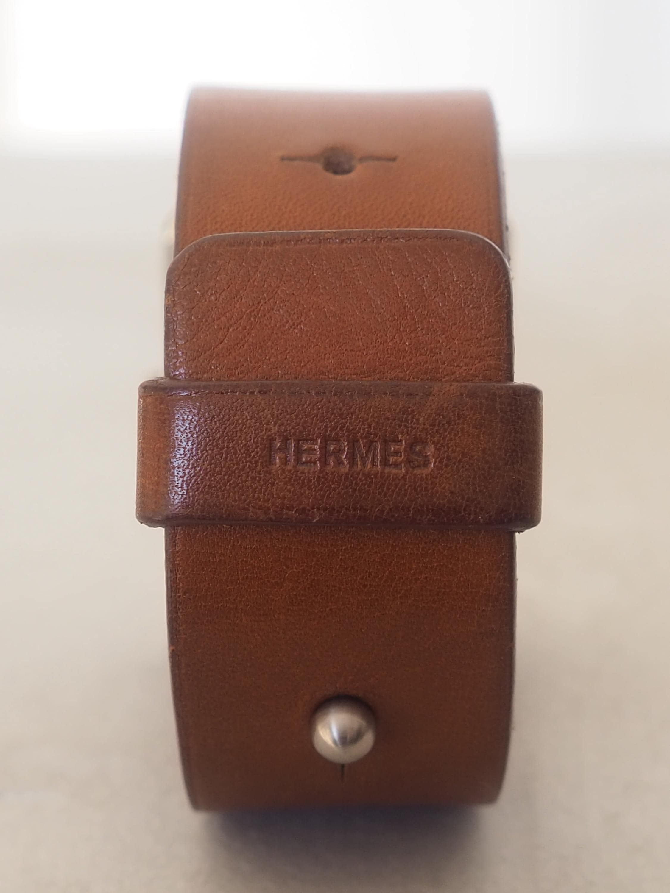 HERMES Valenia Date Silver Dial Quartz Watch Wristwatch Leather Brown Band Vintage BA1.210