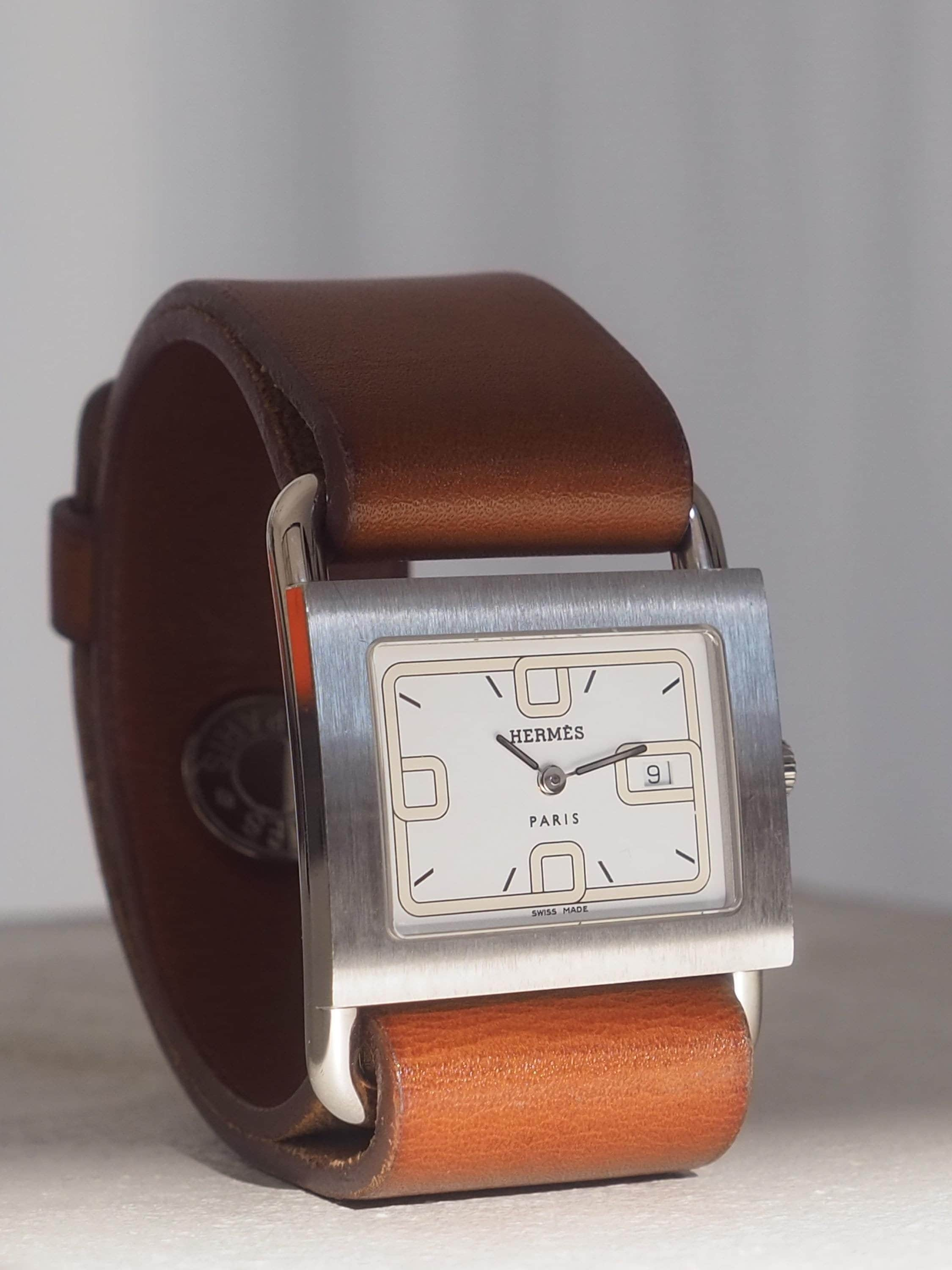 HERMES Valenia Date Silver Dial Quartz Watch Wristwatch Leather Brown Band Vintage BA1.210