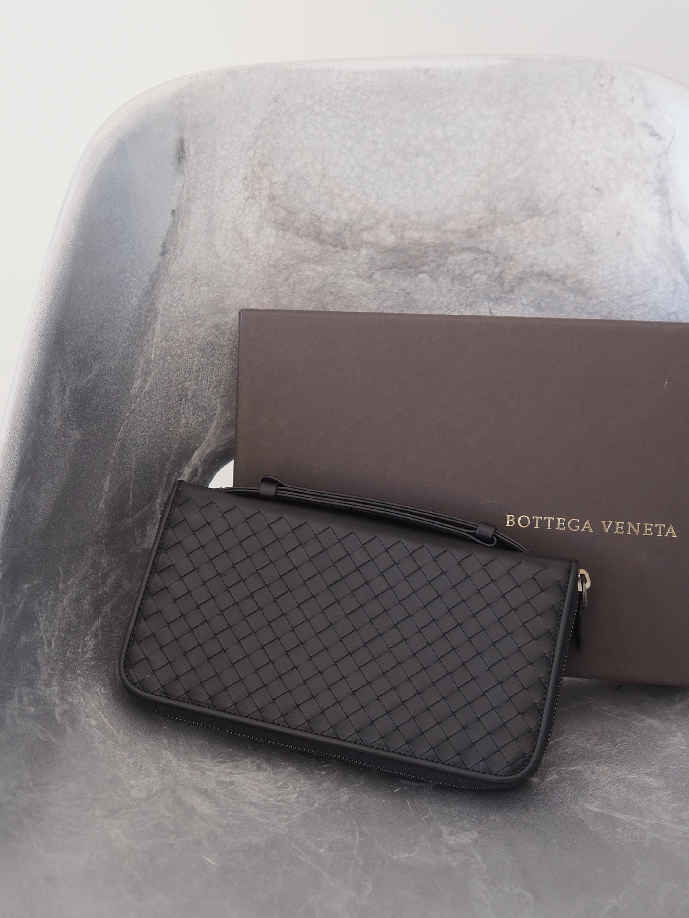 Bottega Veneta Organizer Case Passport Long Wallet Black Leather Vintage Authentic