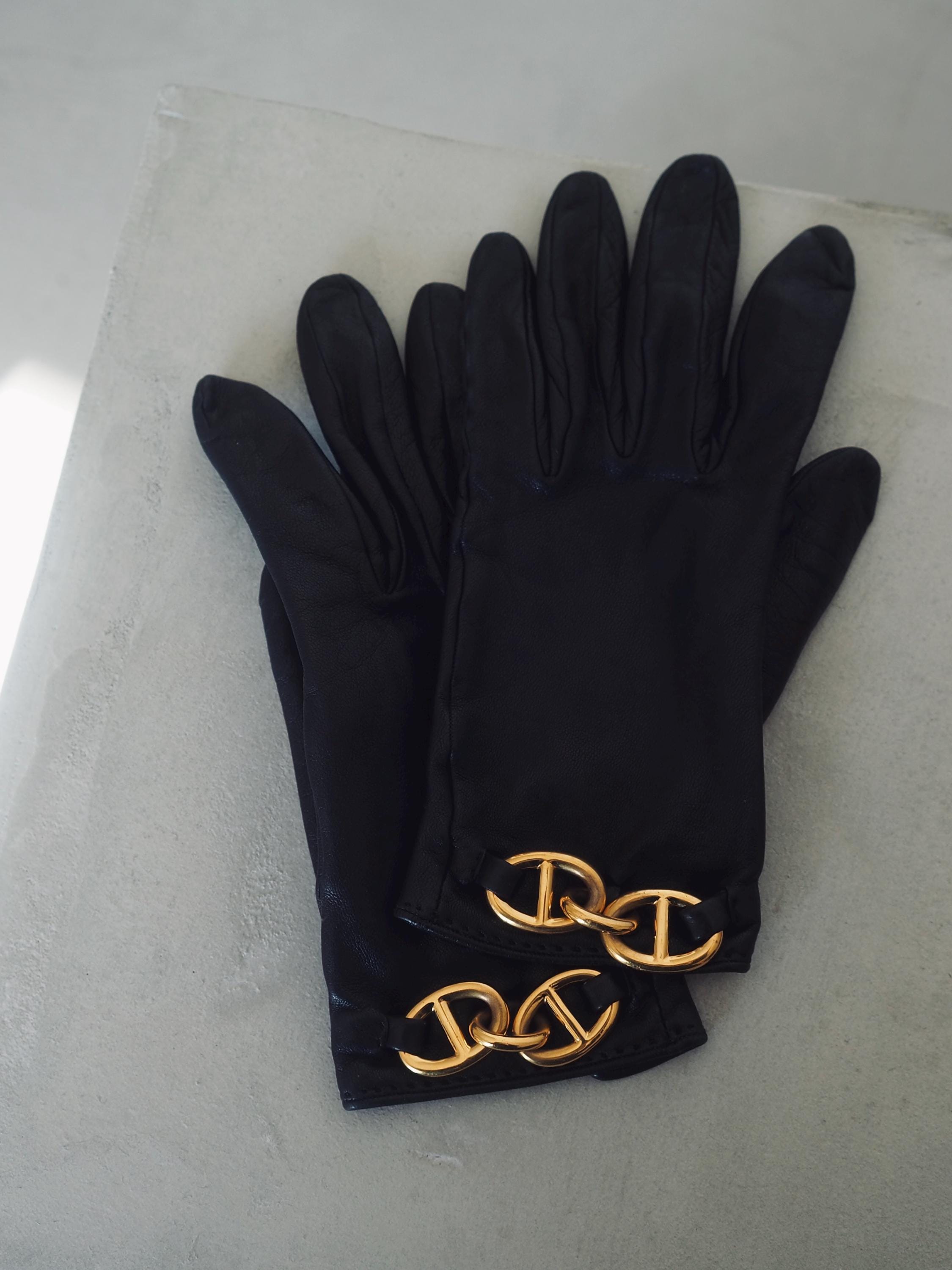 HERMES Chaine D’ancre Leather Gloves Black Gold Metal #7 Vintage Authentic