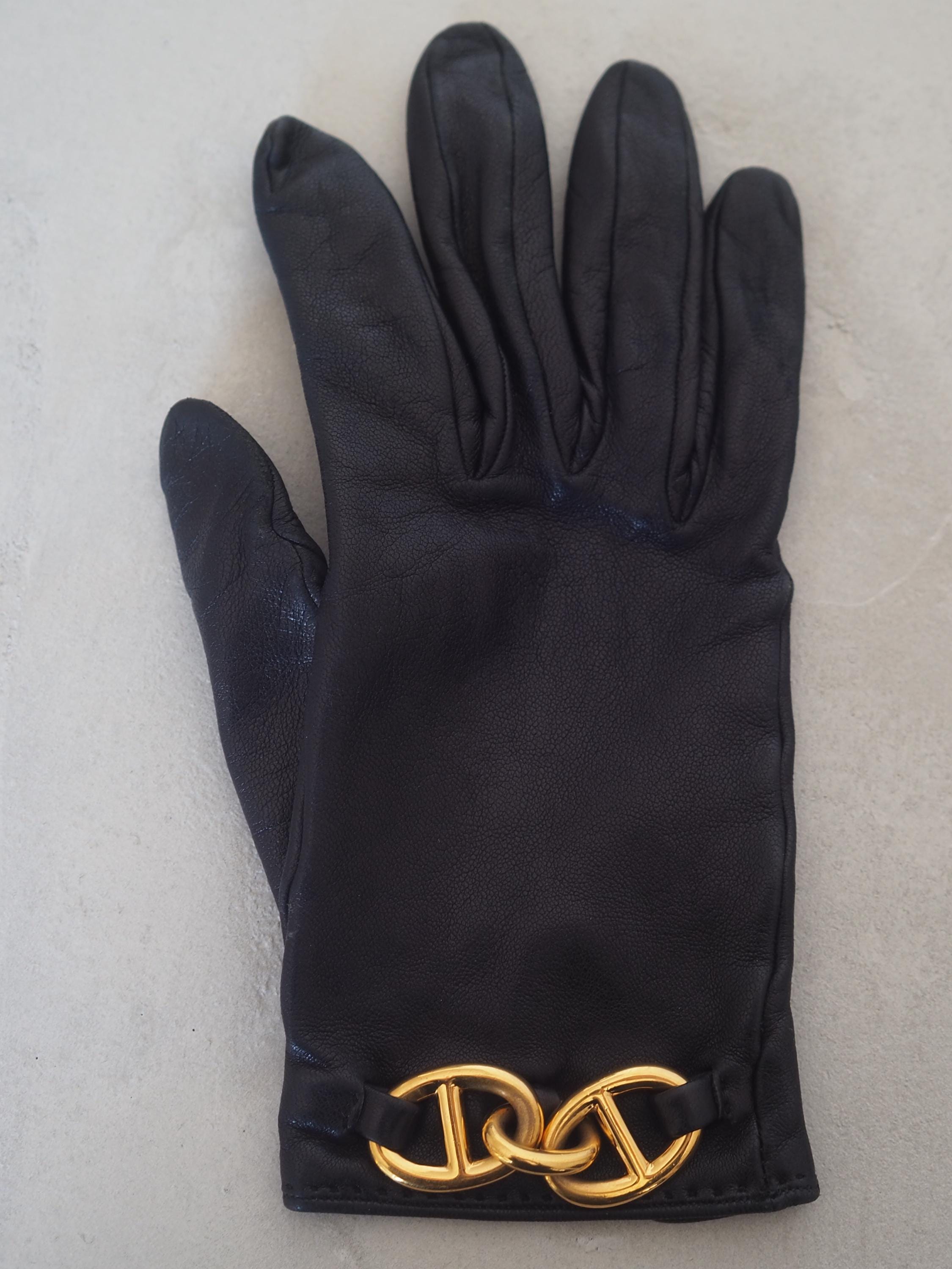 HERMES Chaine D’ancre Leather Gloves Black Gold Metal #7 Vintage Authentic