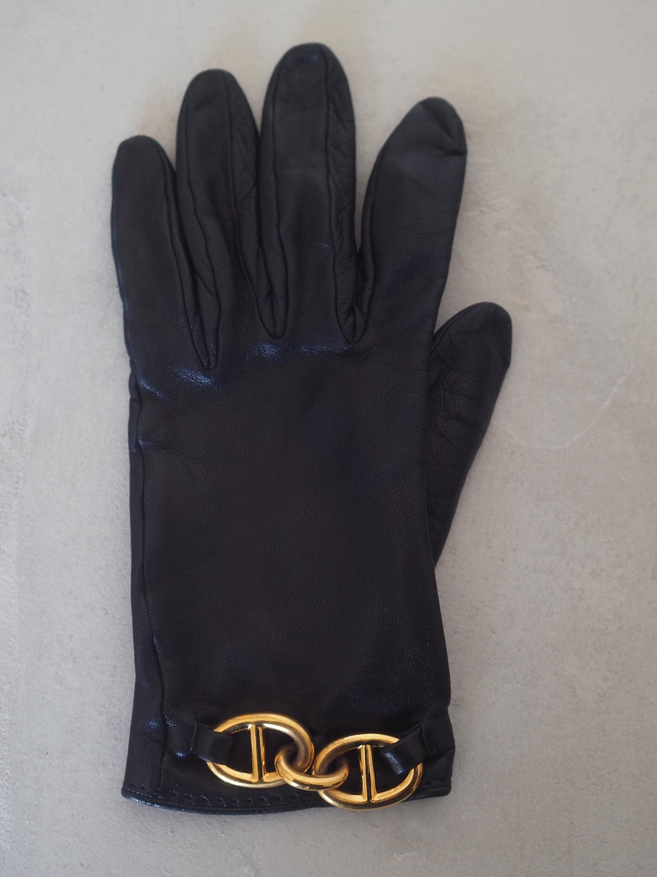 HERMES Chaine D’ancre Leather Gloves Black Gold Metal #7 Vintage Authentic