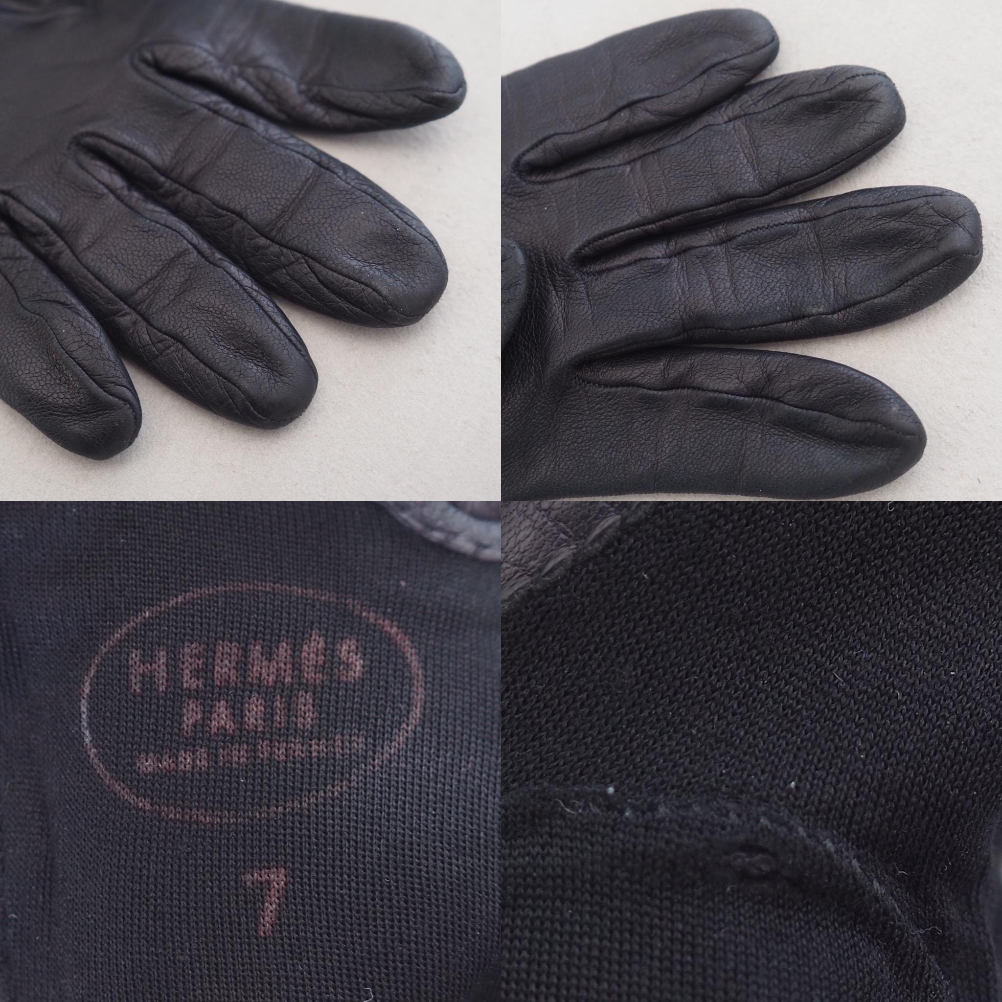 HERMES Chaine D’ancre Leather Gloves Black Gold Metal #7 Vintage Authentic