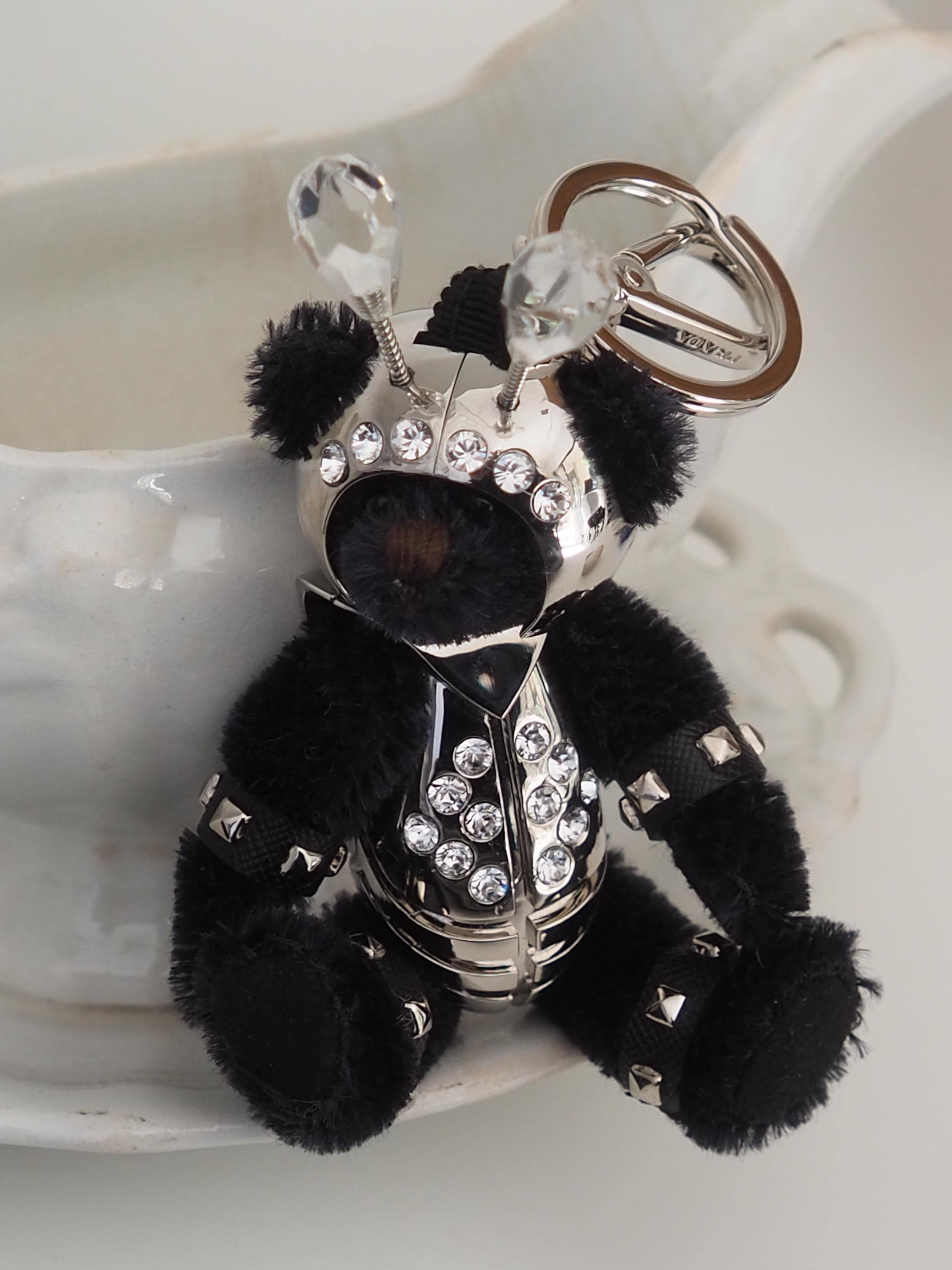 PRADA Teddy Bear keychain Key Charm Black Mohair Silver Metal Authentic Vintage Box