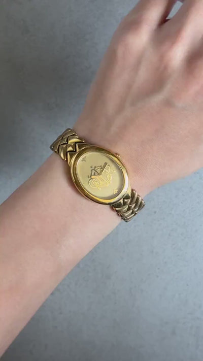 Christian Dior Emblem Logo Watch Gold Metal Quartz Wristwatch Ladies Vintage Authentic