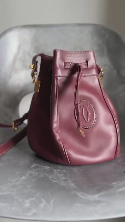 Cartier Must Line Drawstring Shoulder bag Red Bordeaux Leather Vintage Authentic