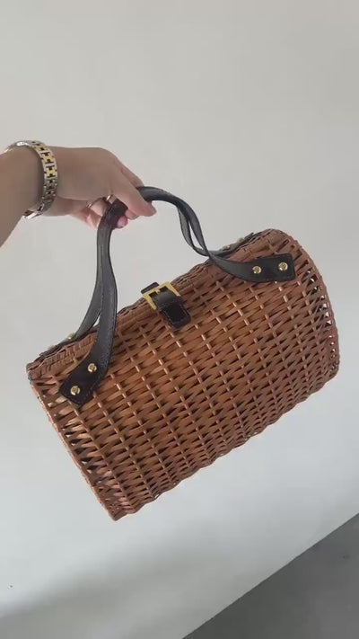 FENDI ZUCCA Rattan Basket Bag Cylindrical Handbag Brown Leather Vintage Authentic