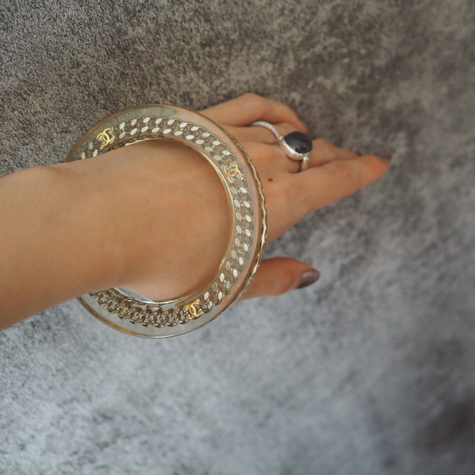 CHANEL COCO Chain Bangle Clear Silver Gold Plastic Box