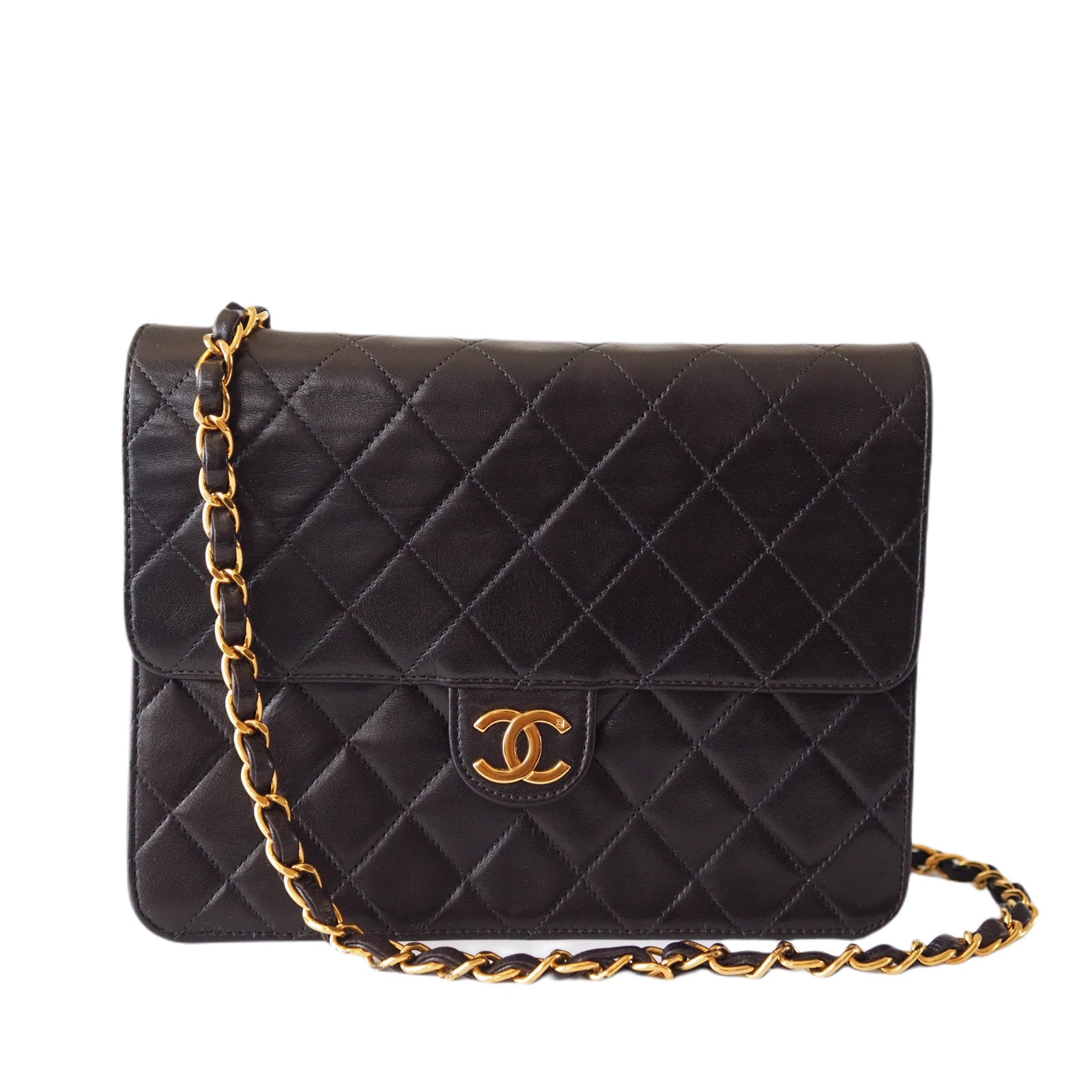 CHANEL Quilted CC Logo Lambskin Chain Shoulder Bag Black Vintage Auth