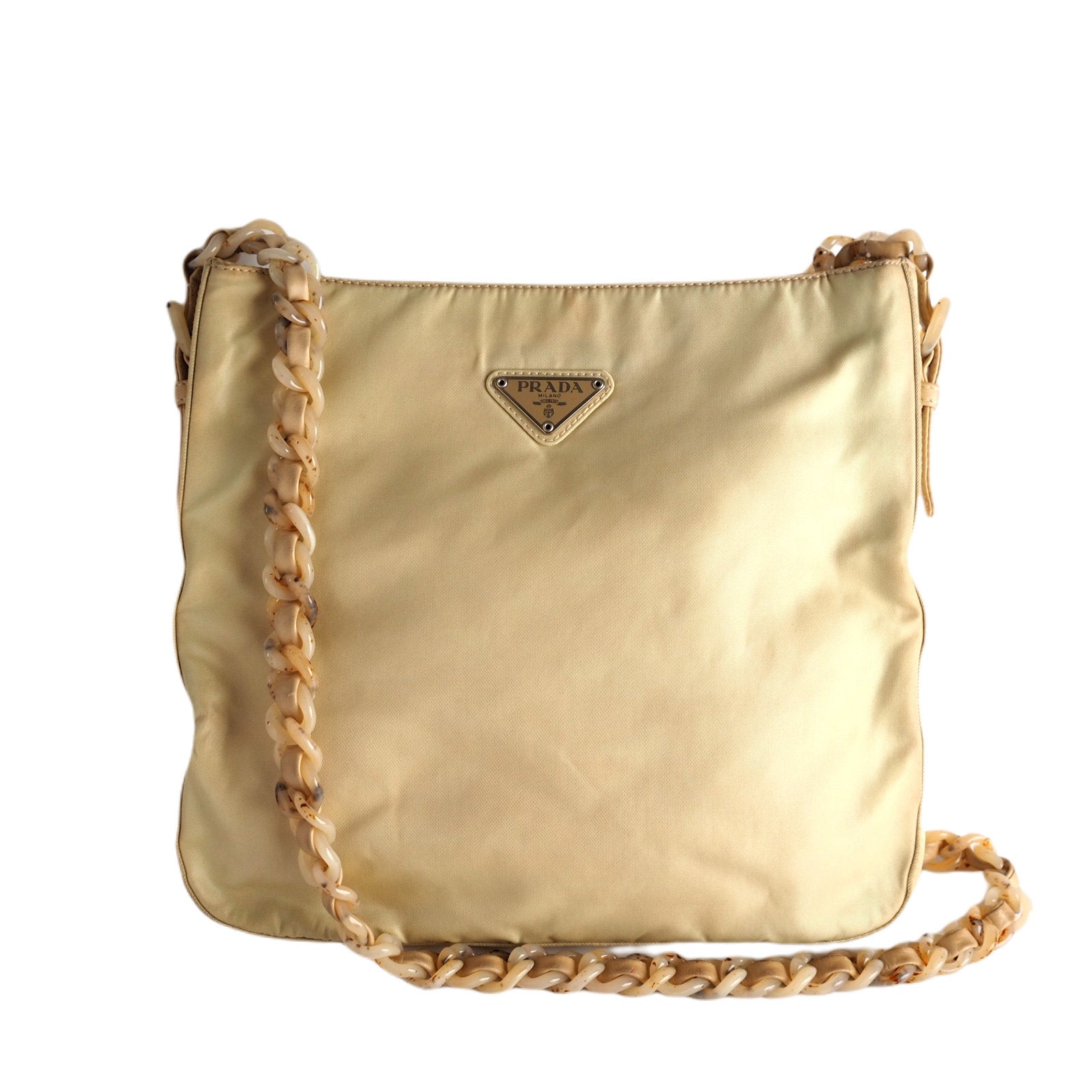PRADA Nylon Plastic Chain Shoulder Bag Beige Logo  Authentic