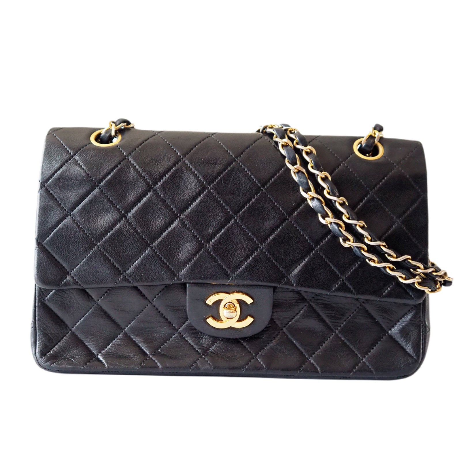 CHANEL Double flap Matelasse Quilted CC Logo Chain Shoulder Bag Black Vintage Auth