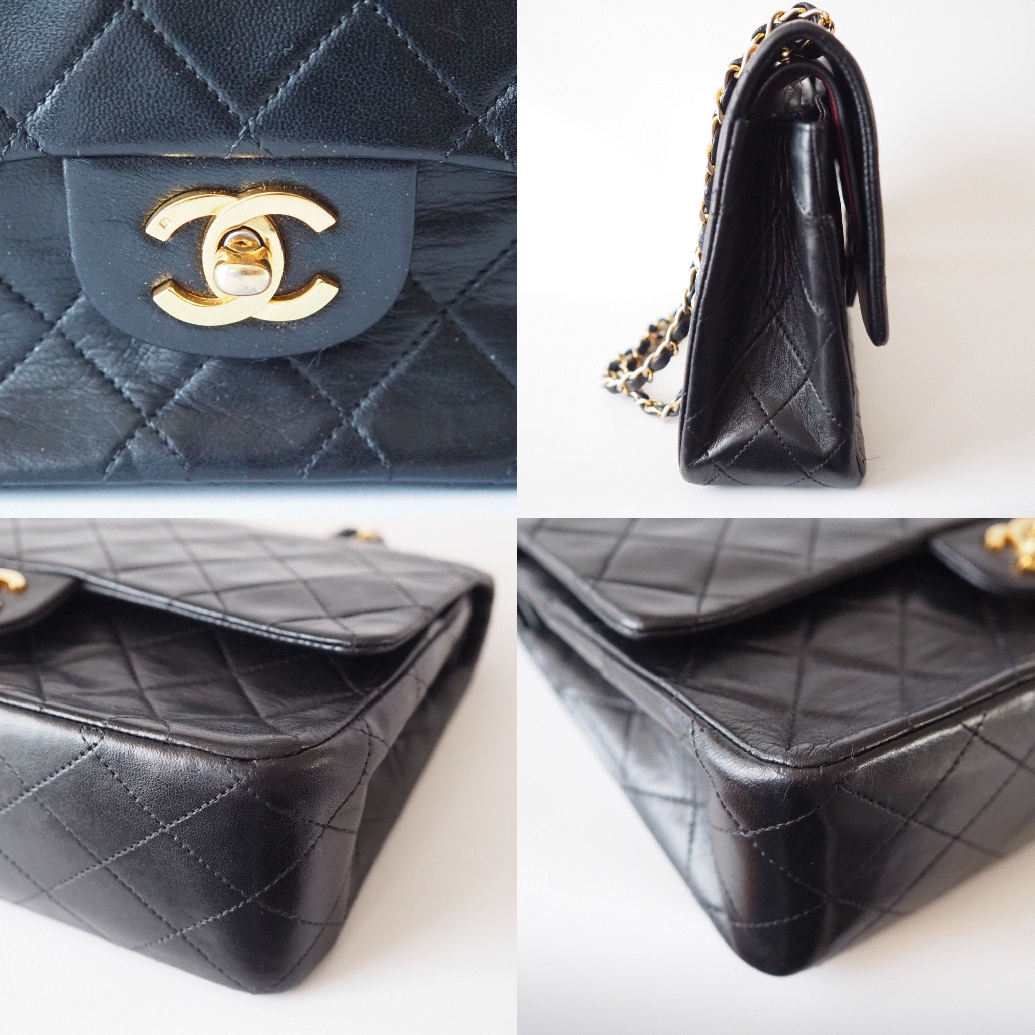 CHANEL Double flap Matelasse Quilted CC Logo Chain Shoulder Bag Black Vintage Auth