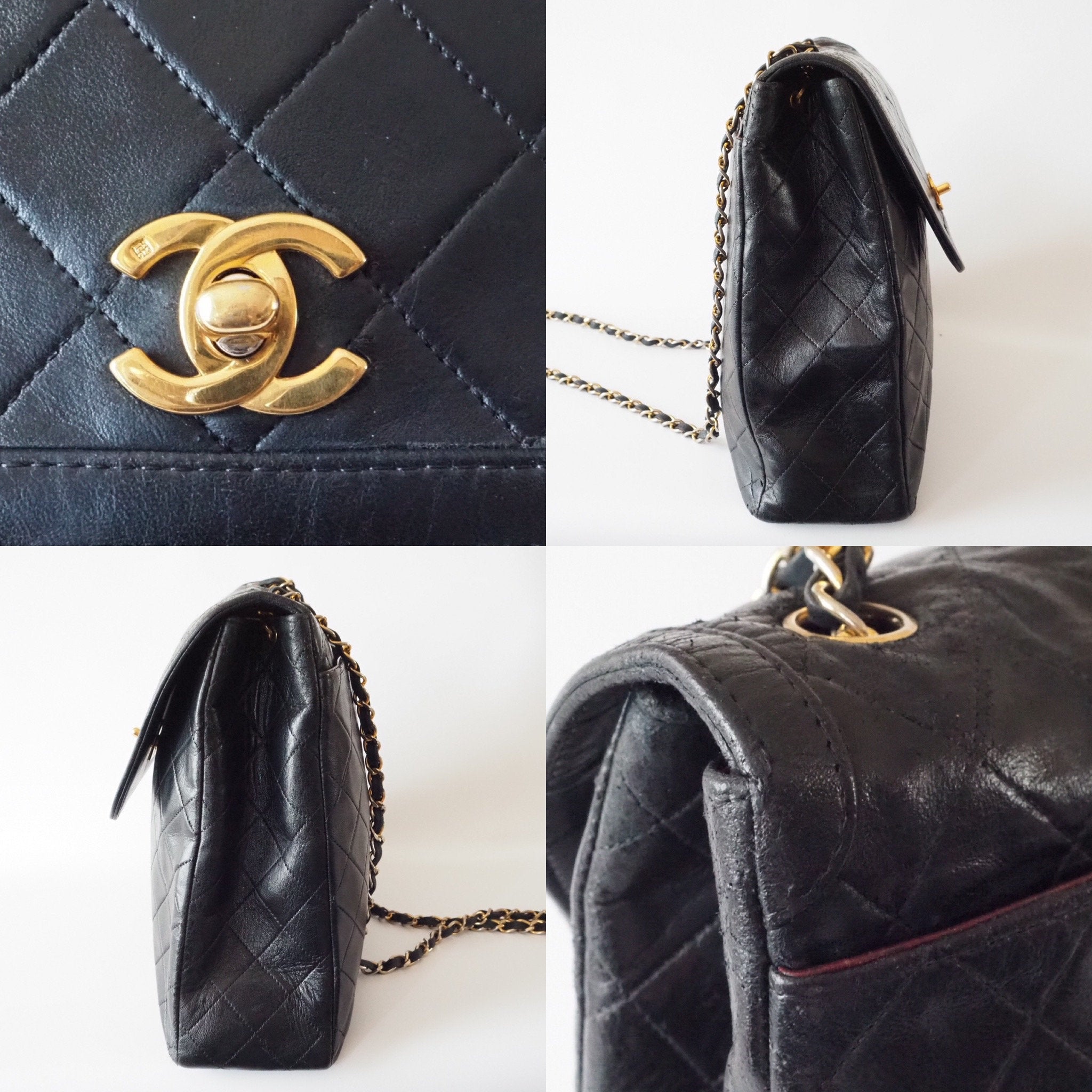 CHANEL Matelasse Quilted CC Single Chain  Shoulder Bag Black Leather Vintage