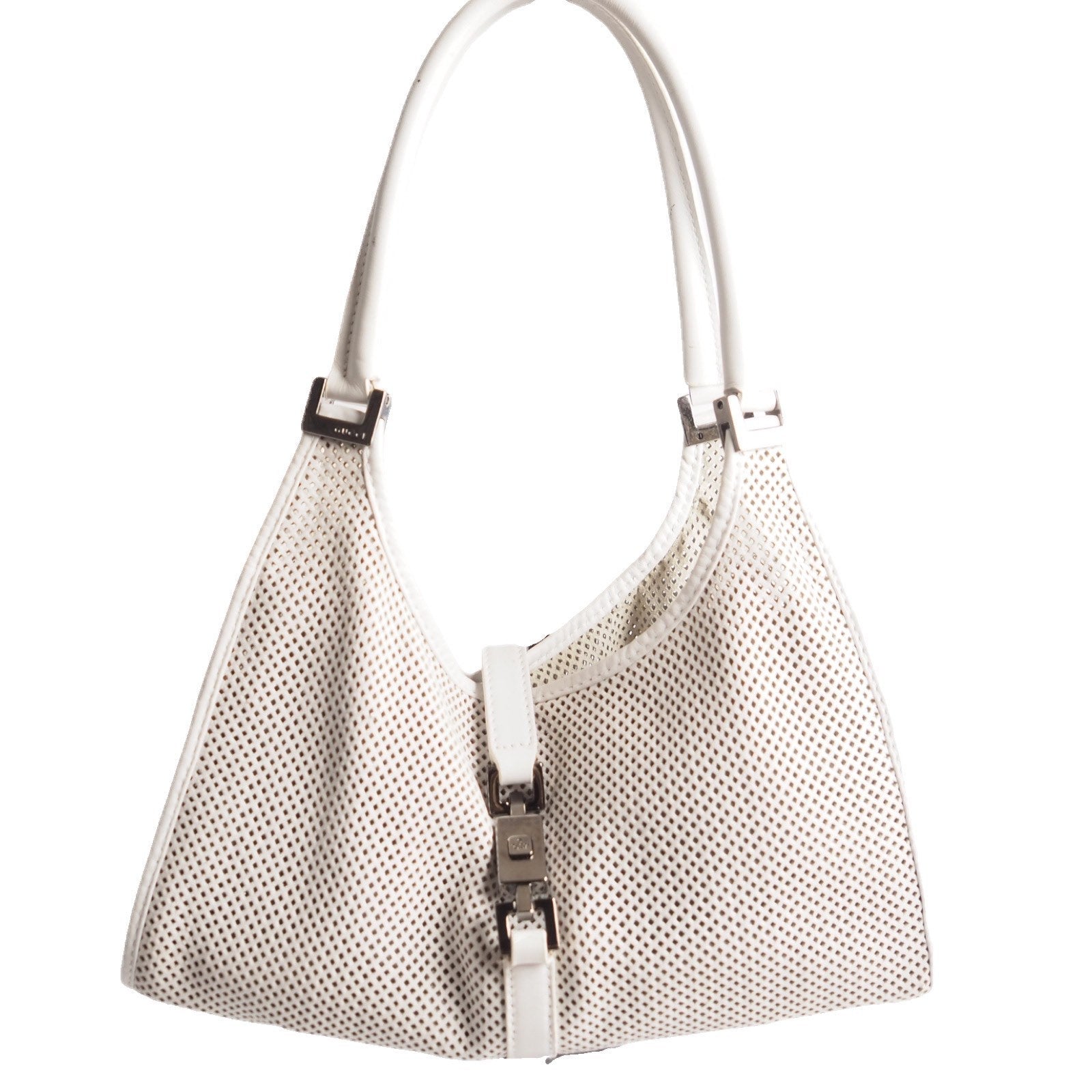 GUCCI Punching leather Shoulder Bag White Authentic